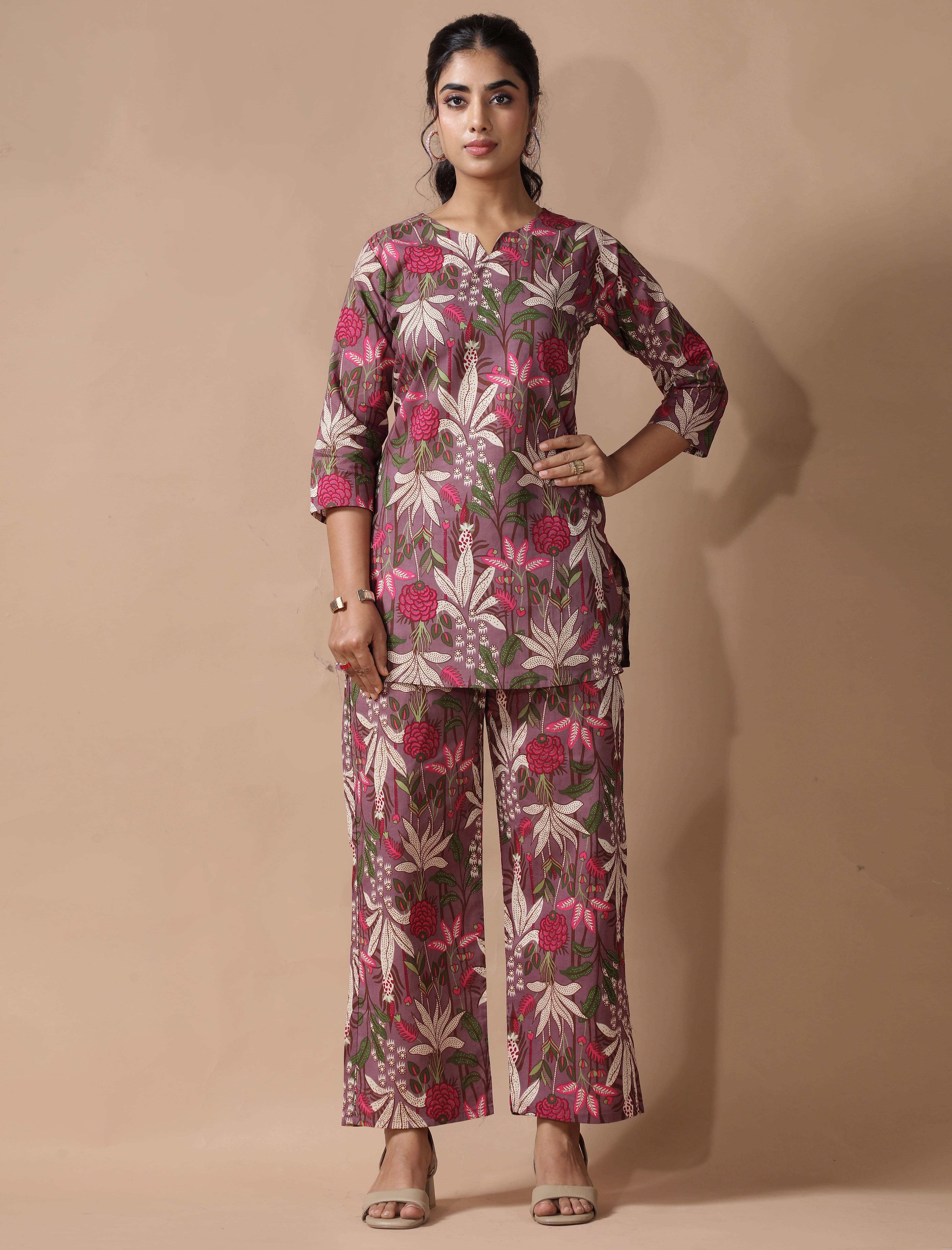     			Ethnic Basket Women Printed Tunic With Palazzos Co-Ord Set ( Purple )