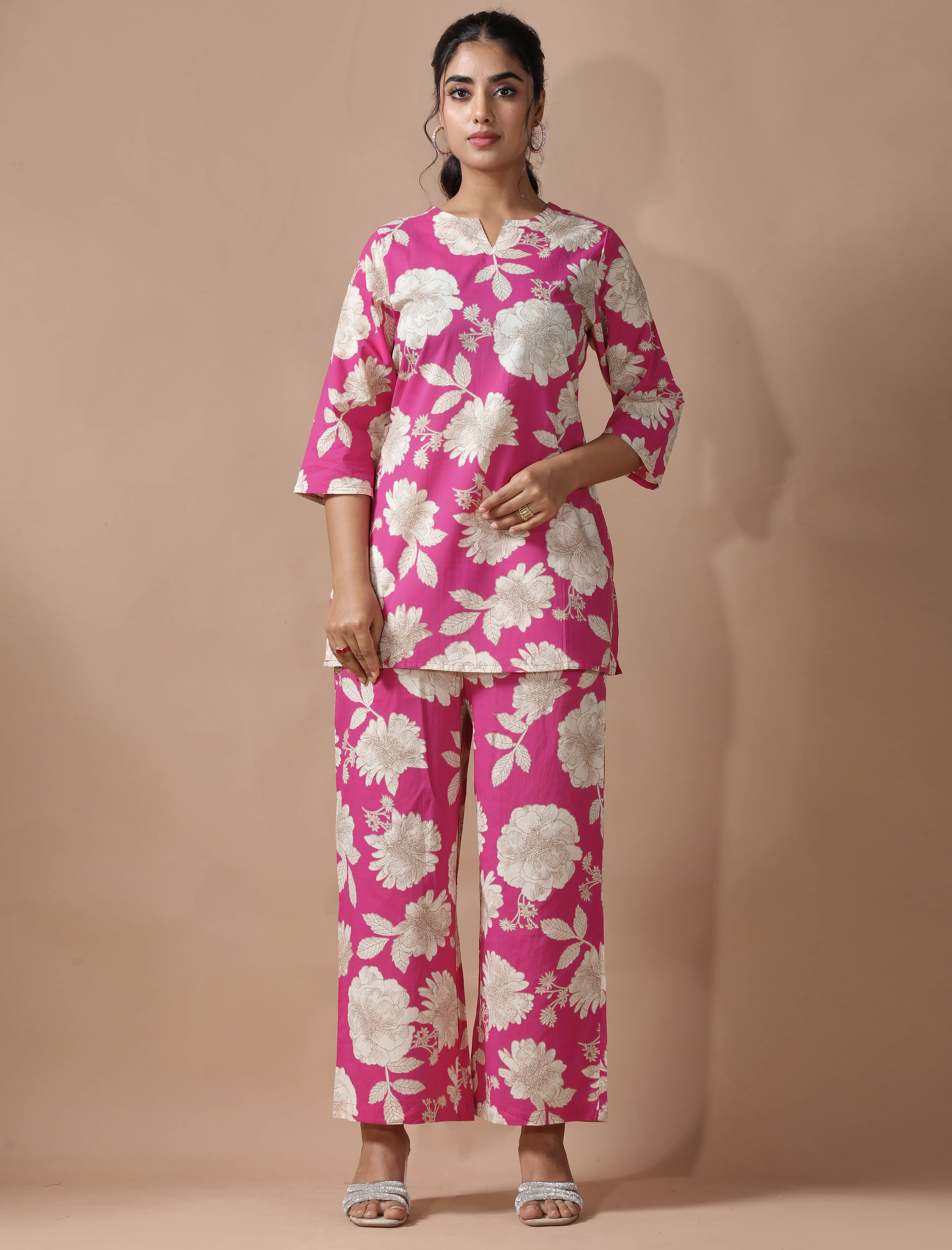     			Ethnic Basket Women Printed Tunic With Palazzos Co-Ord Set ( Pink )