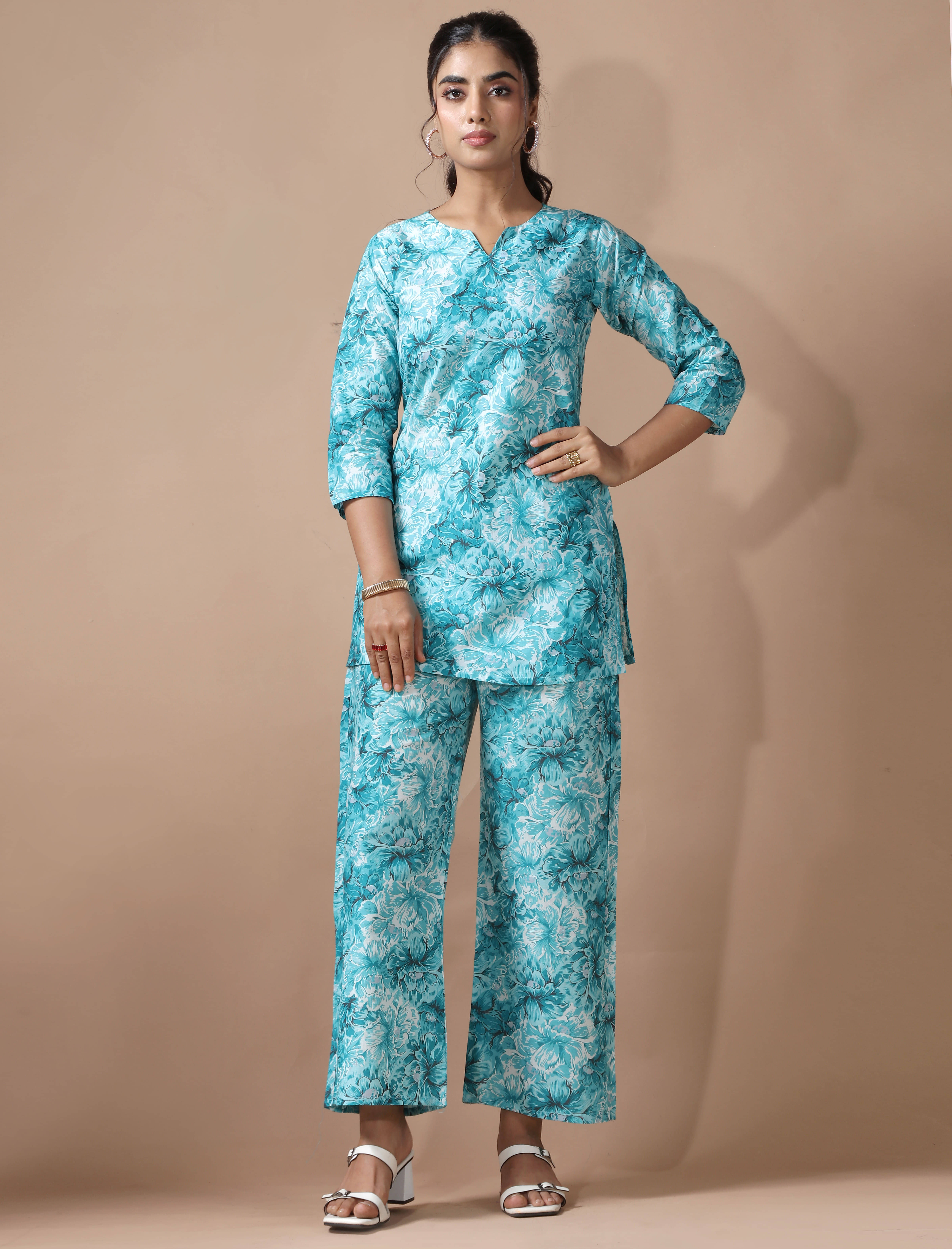     			Ethnic Basket Women Printed Tunic With Palazzos Co-Ord Set ( Blue )
