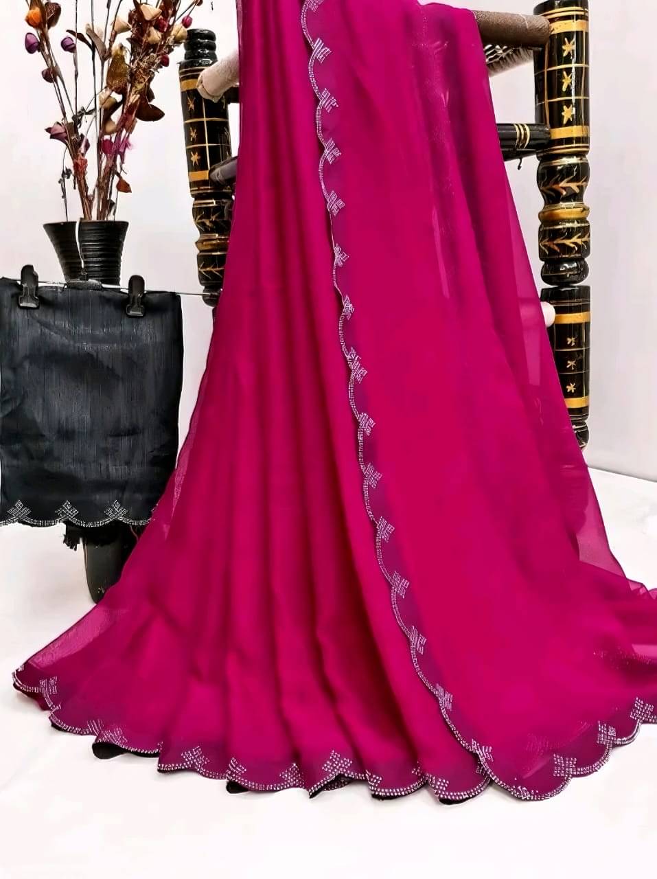     			GALAXYSTUDIOS Georgette Embellished Bhagalpuri Saree With Unstitched Blouse Piece ( Rani )