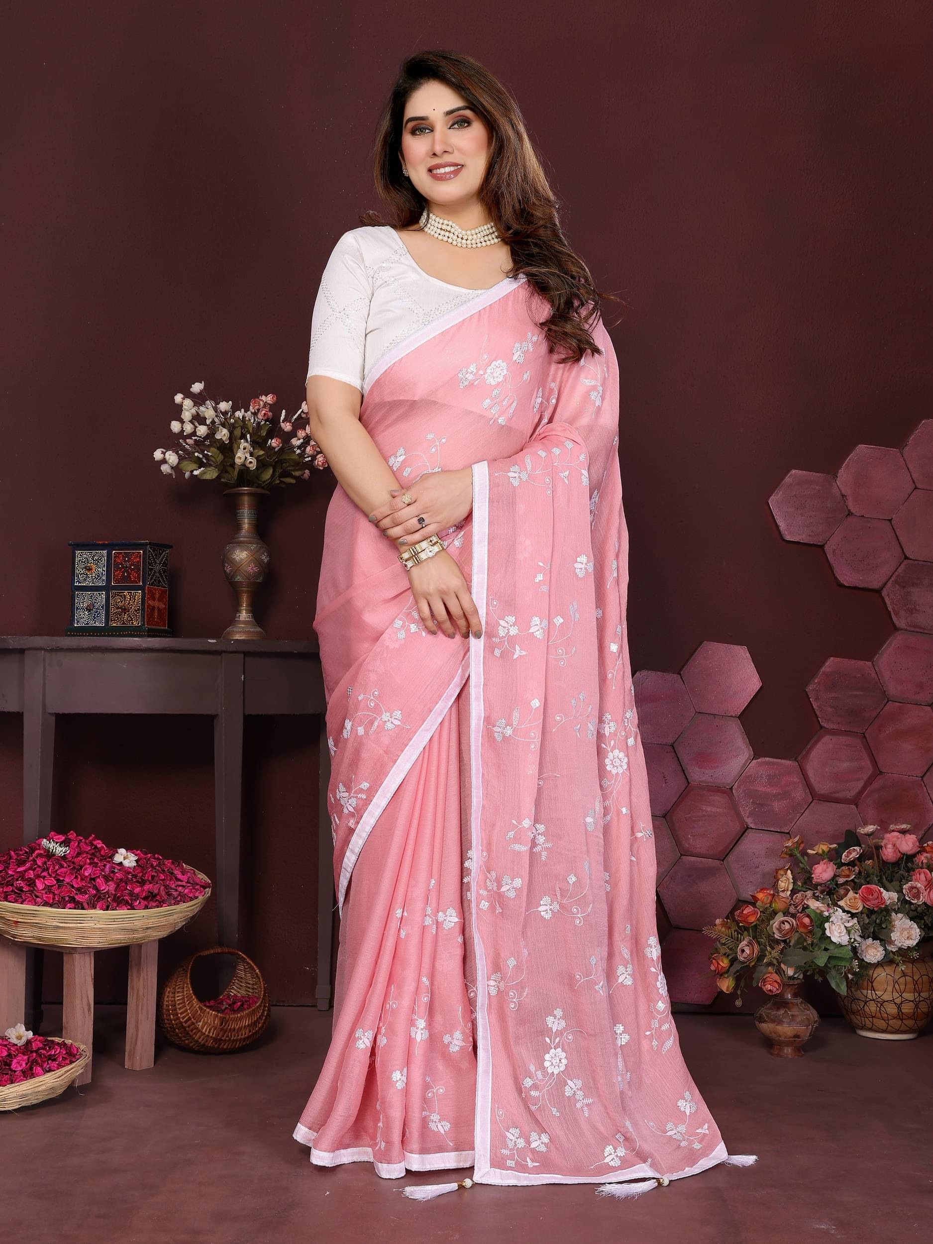     			PANZORA Chiffon Solid Regular Saree Without Blouse Piece ( Pink )
