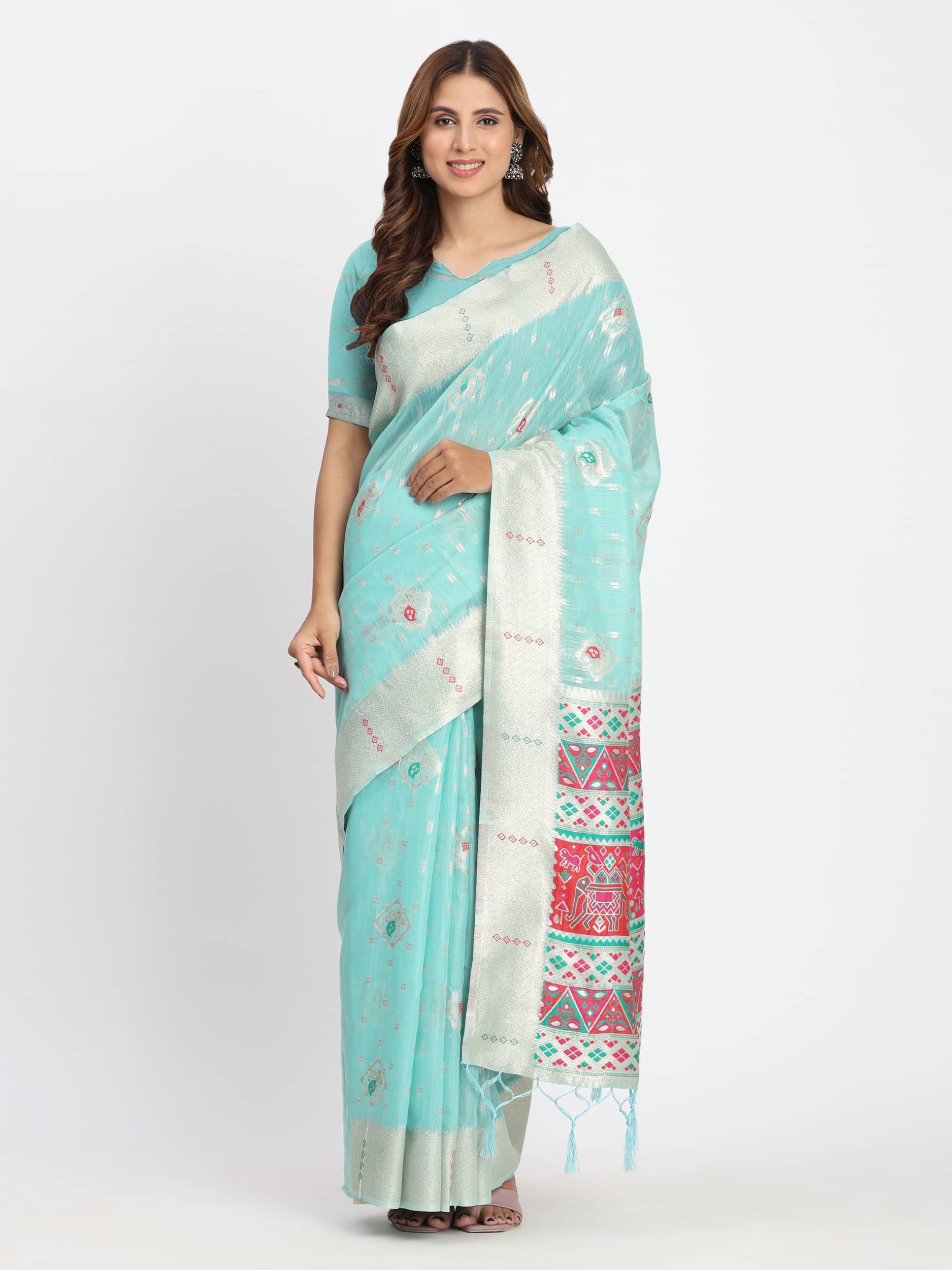     			PANZORA Cotton Solid Regular Saree Without Blouse Piece ( Blue )