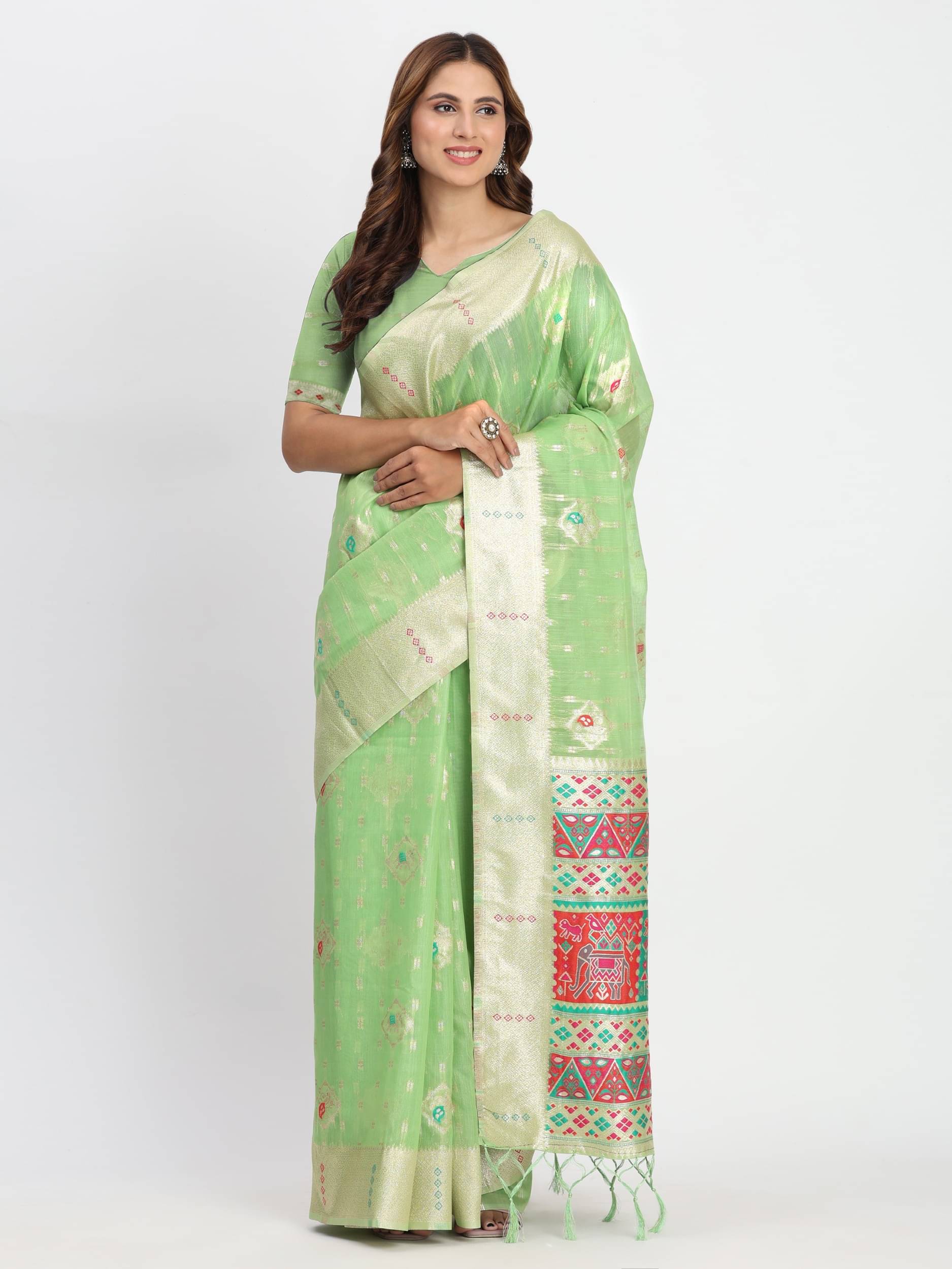     			PANZORA Cotton Solid Regular Saree Without Blouse Piece ( Green )