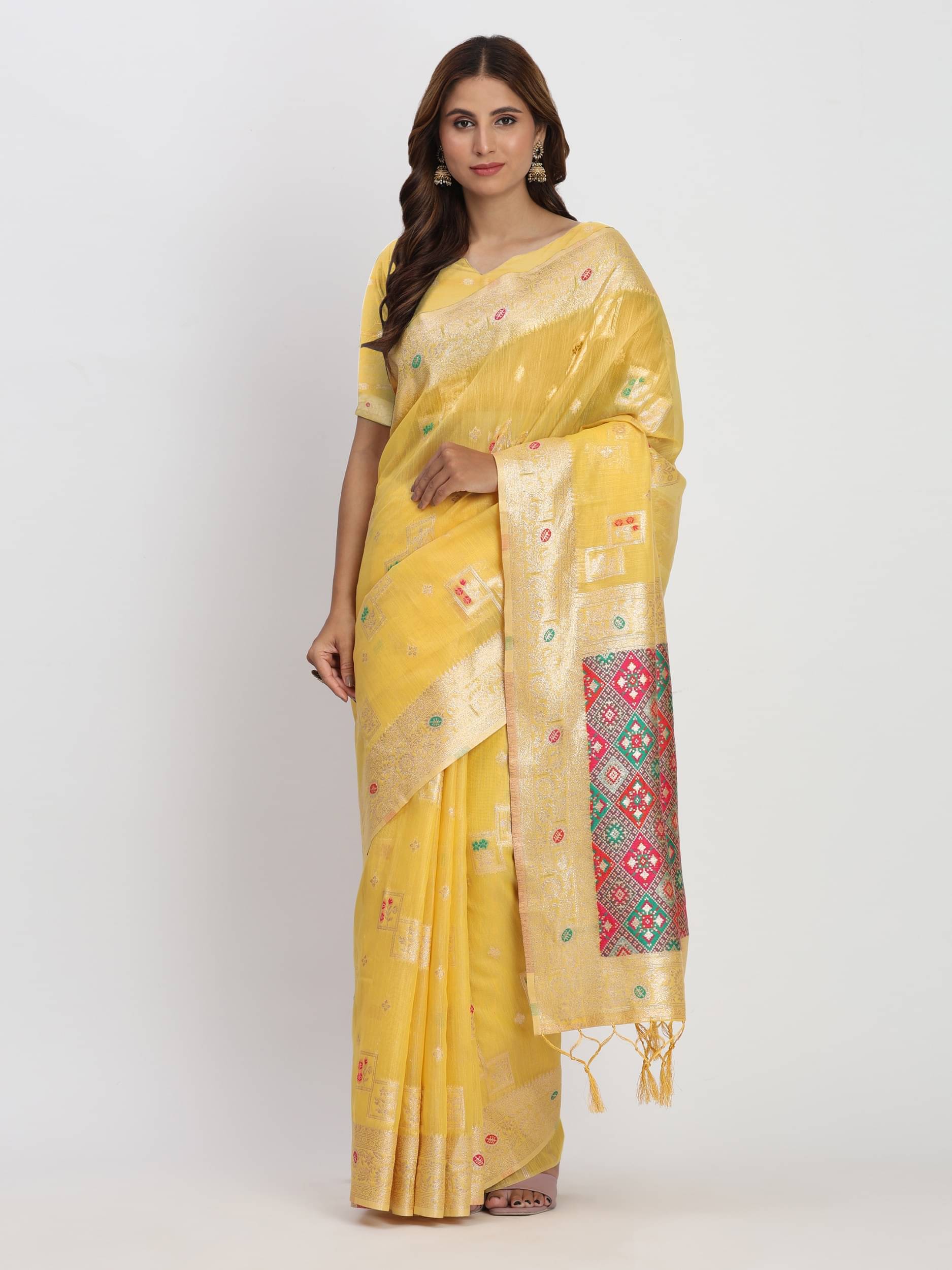 PANZORA Cotton Solid Regular Saree Without Blouse Piece ( Yellow )     			PANZORA Cotton Solid Regular Saree Without Blouse Piece ( Yellow )