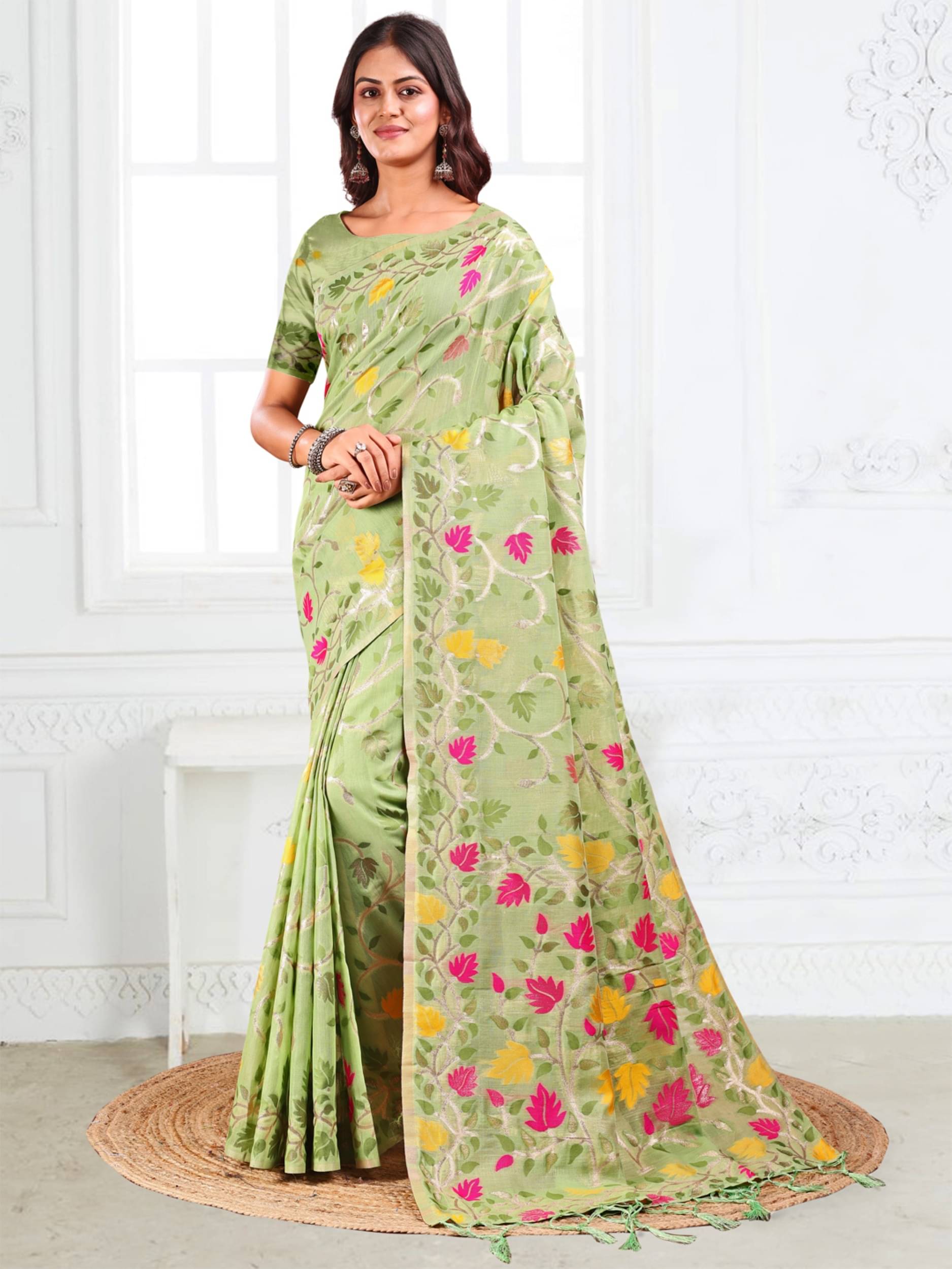     			PANZORA Cotton Solid Regular Saree Without Blouse Piece ( Green )
