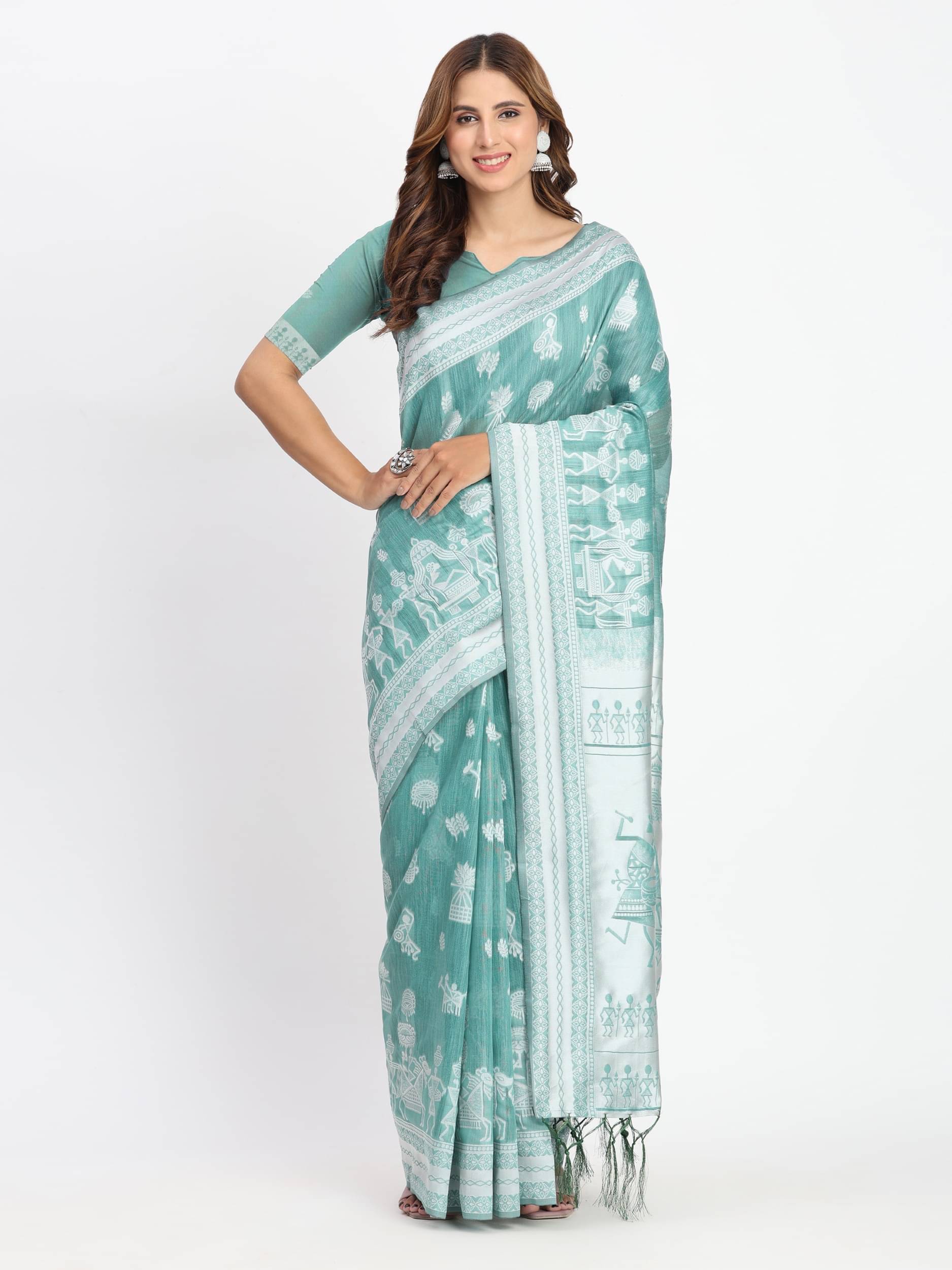    			PANZORA Cotton Solid Regular Saree Without Blouse Piece ( Sea Green )