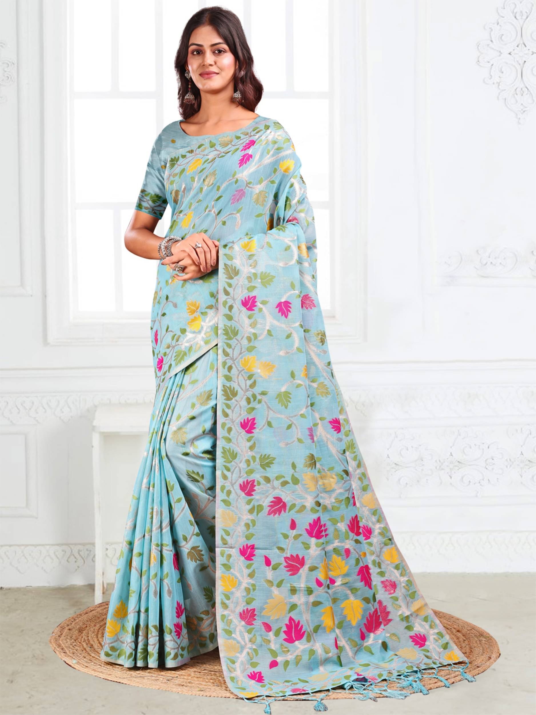     			PANZORA Cotton Solid Regular Saree Without Blouse Piece ( Blue )