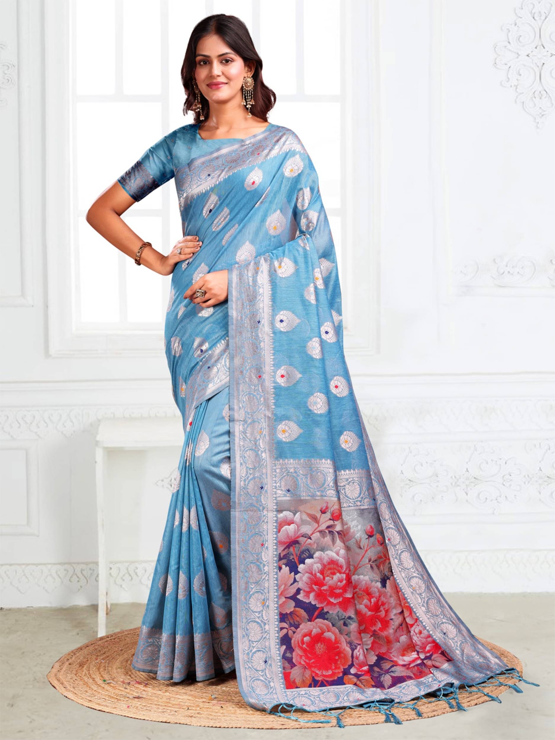 PANZORA Cotton Solid Regular Saree Without Blouse Piece ( Blue )     			PANZORA Cotton Solid Regular Saree Without Blouse Piece ( Blue )