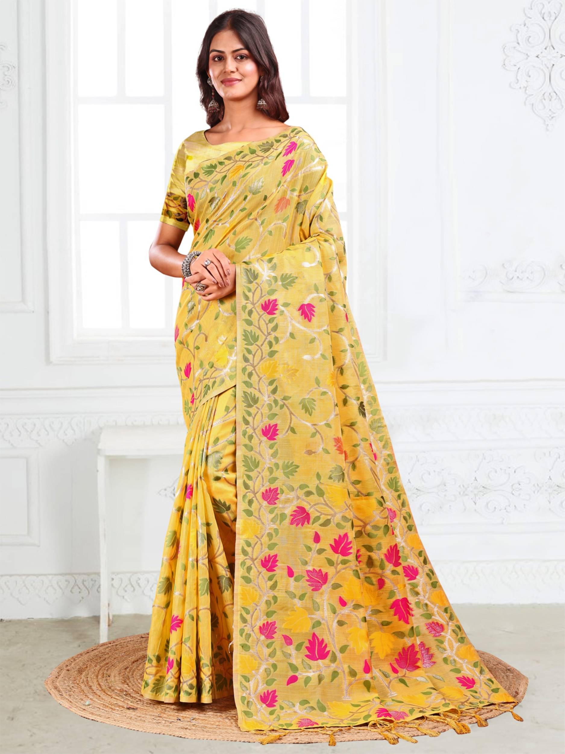 PANZORA Cotton Solid Regular Saree Without Blouse Piece ( Yellow ) PANZORA Cotton Solid Regular Saree Without Blouse Piece ( Yellow )