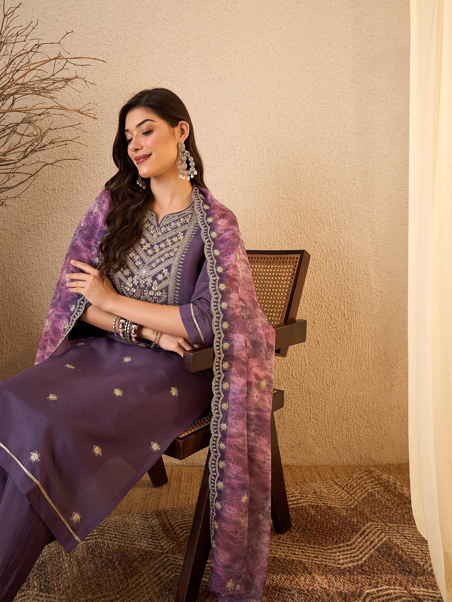     			Royal Export Women Chanderi Embroidered Straight Kurti With Pants ( Purple )