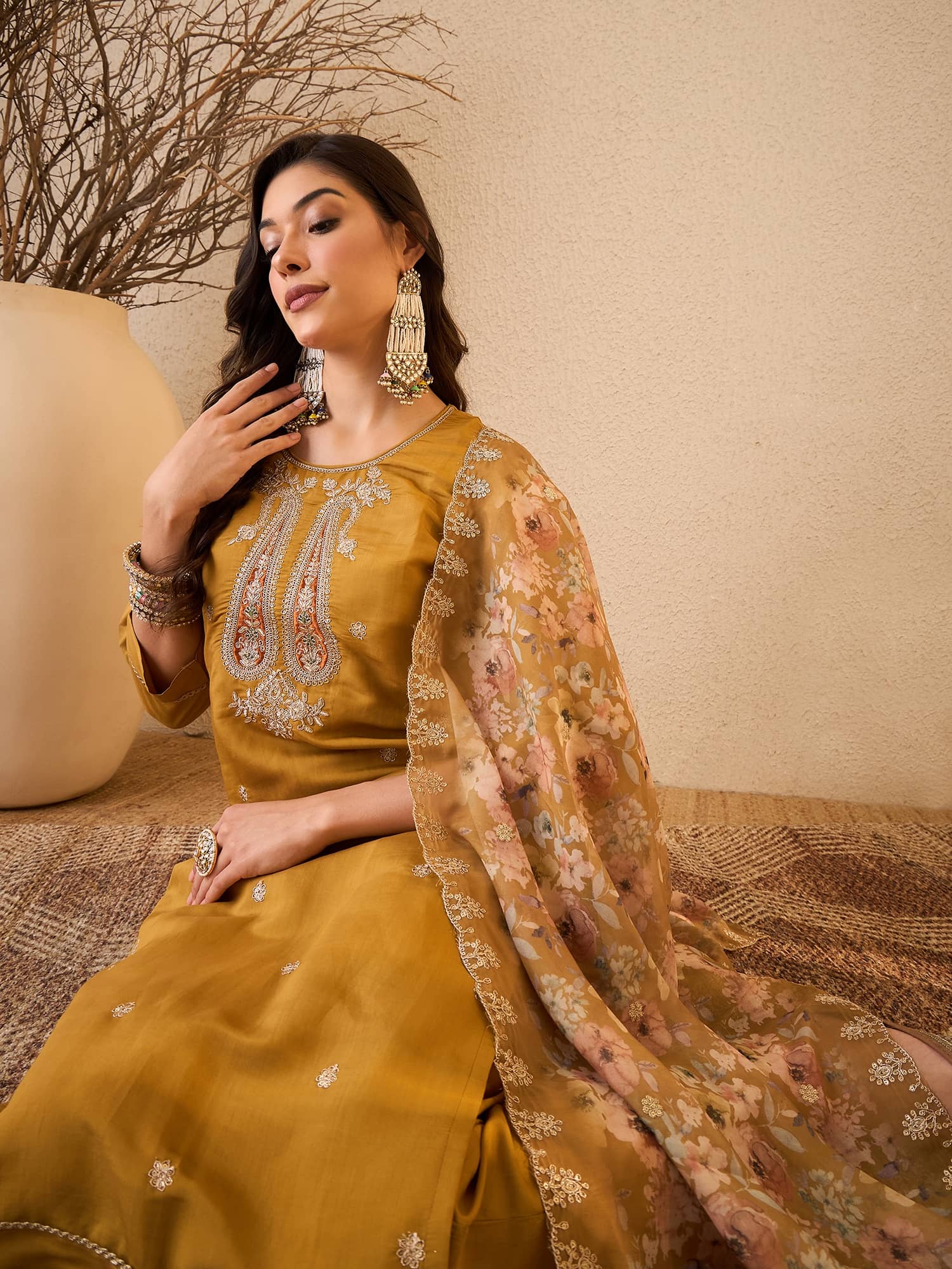 Royal Export Women Chanderi Embroidered Straight Kurti With Pants ( Beige )