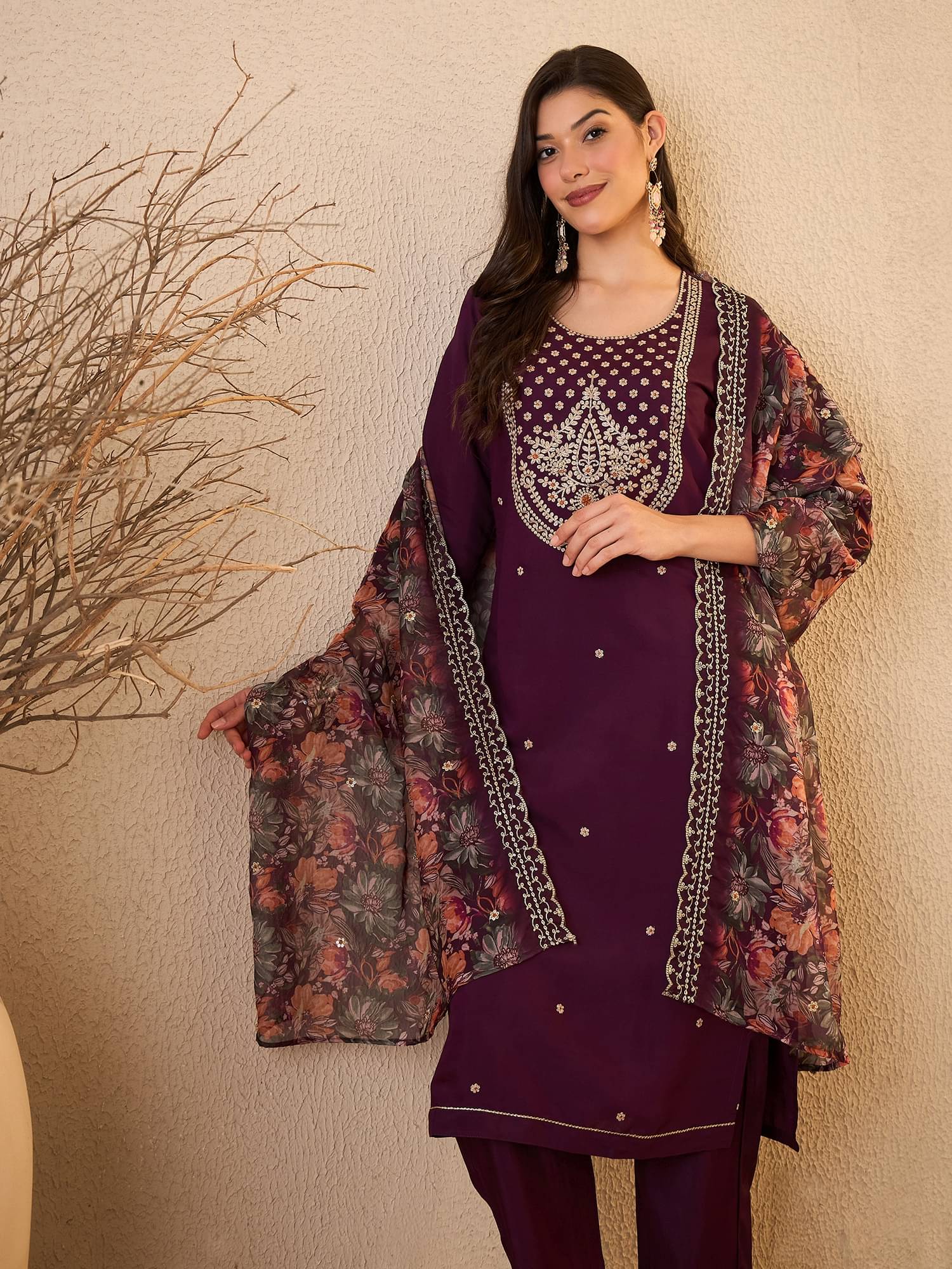 Royal Export Women Chanderi Embroidered Straight Kurti With Pants ( Wine )     			Royal Export Women Chanderi Embroidered Straight Kurti With Pants ( Wine )