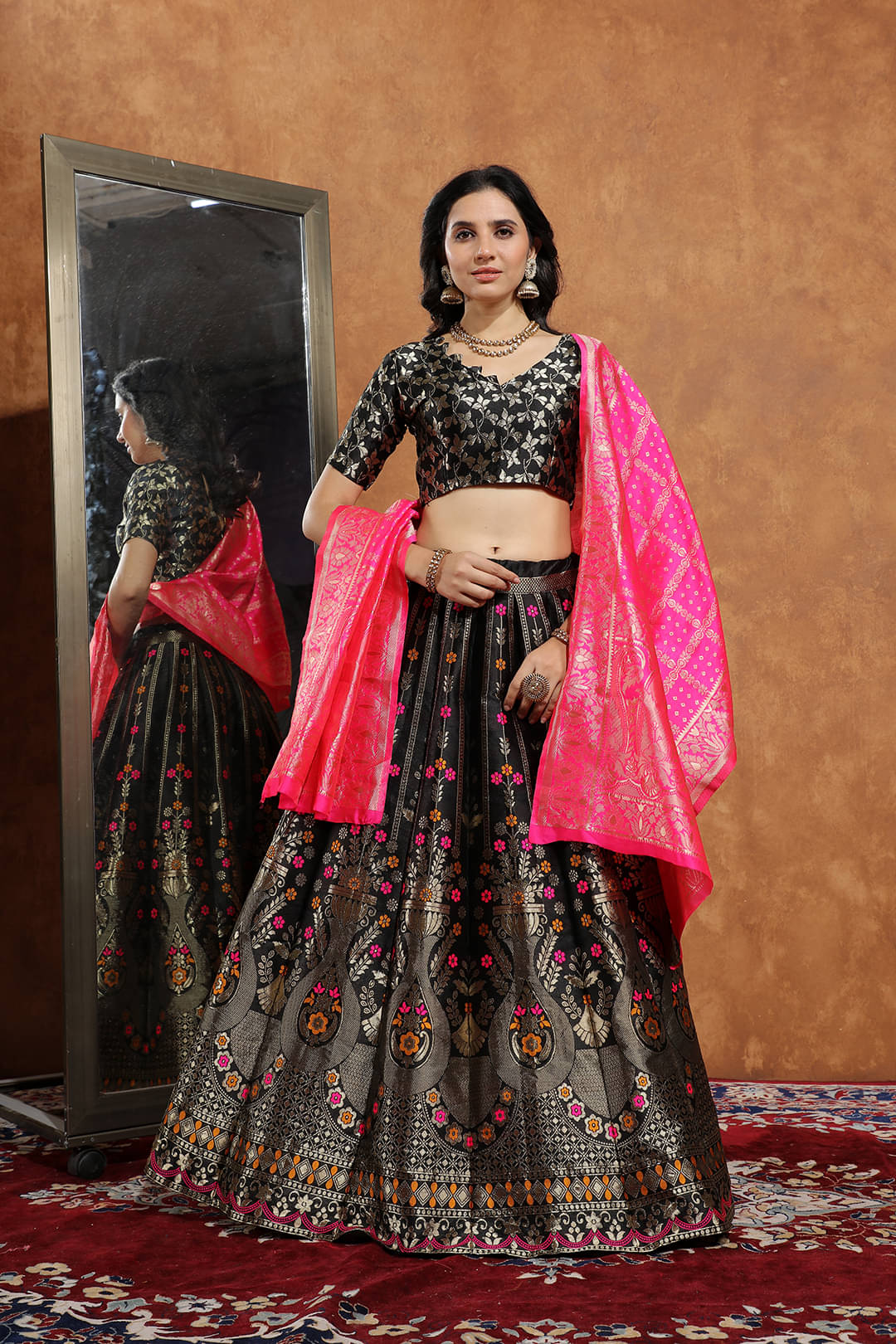 SATVASHIV Women Art Silk Saree Style Semi Stitched Lehenga Choli ( Black ) SATVASHIV Women Art Silk Saree Style Semi Stitched Lehenga Choli ( Black )