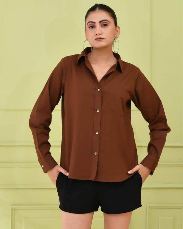     			SIDDHO HUM Women Solid Cotton Shirt ( Brown )