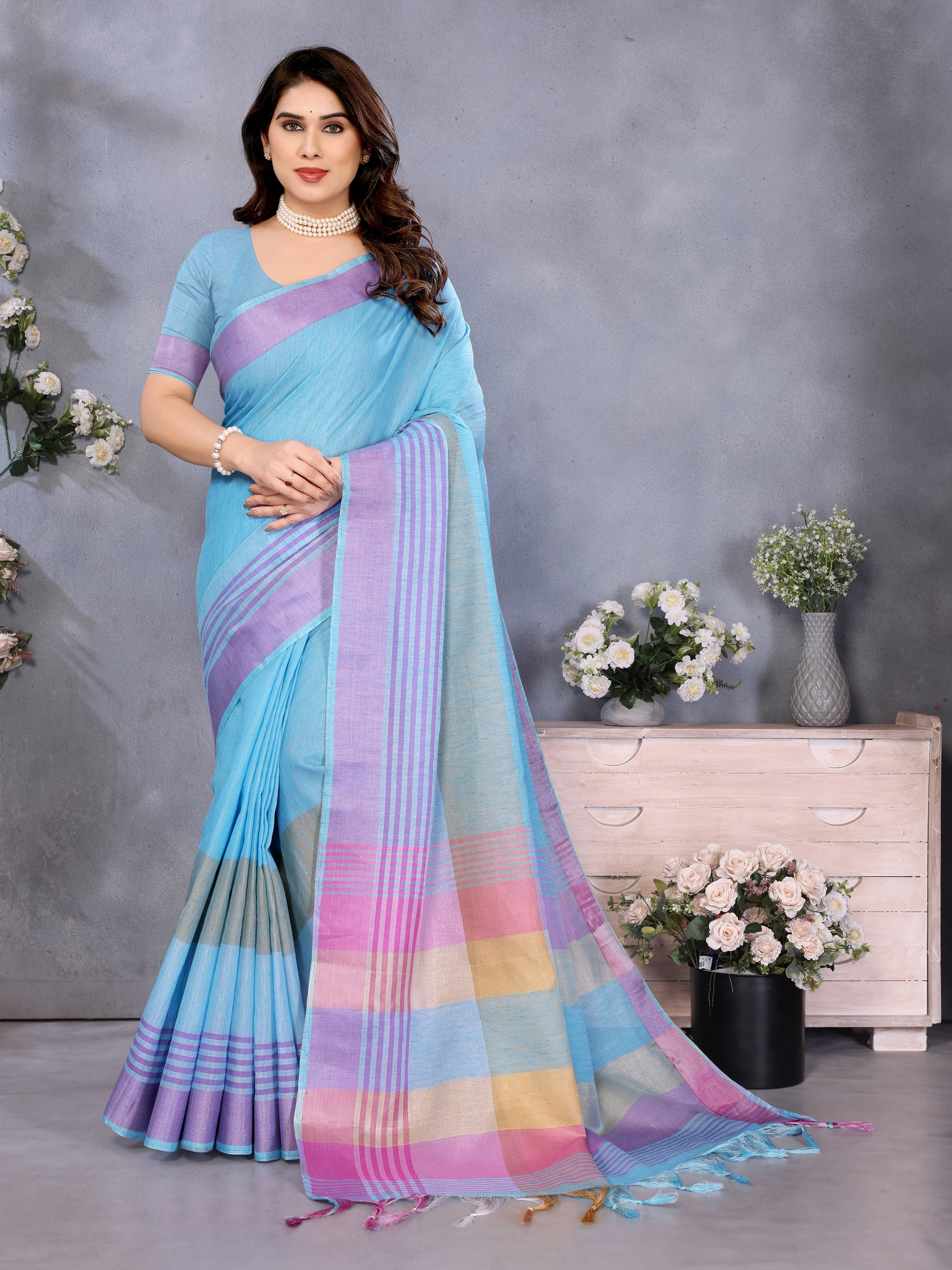     			Sidhidata Cotton Blend Solid Regular Saree With Unstitched Blouse Piece ( Blue )