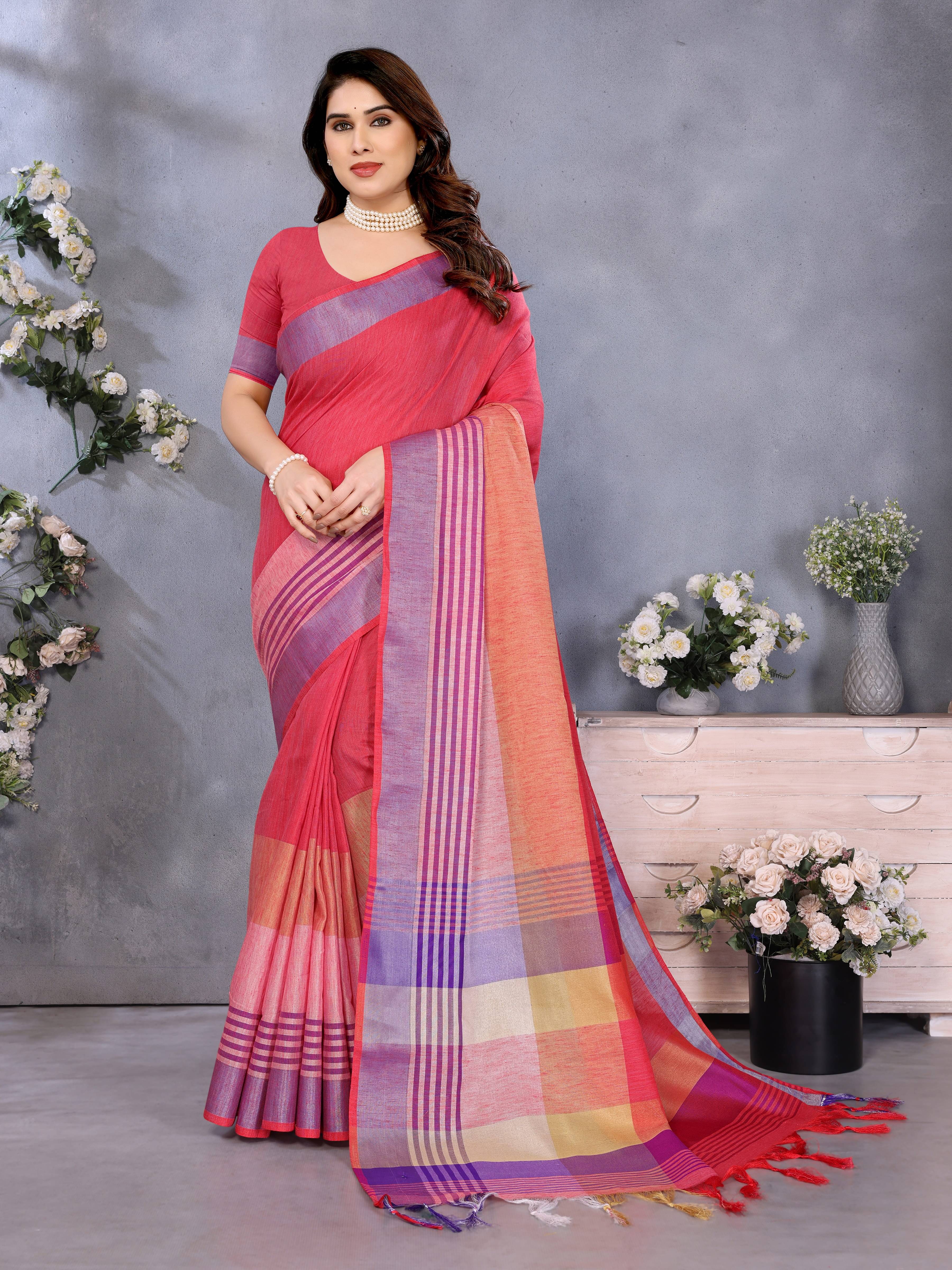 Sidhidata Cotton Blend Solid Regular Saree With Unstitched Blouse Piece ( Red )     			Sidhidata Cotton Blend Solid Regular Saree With Unstitched Blouse Piece ( Red )