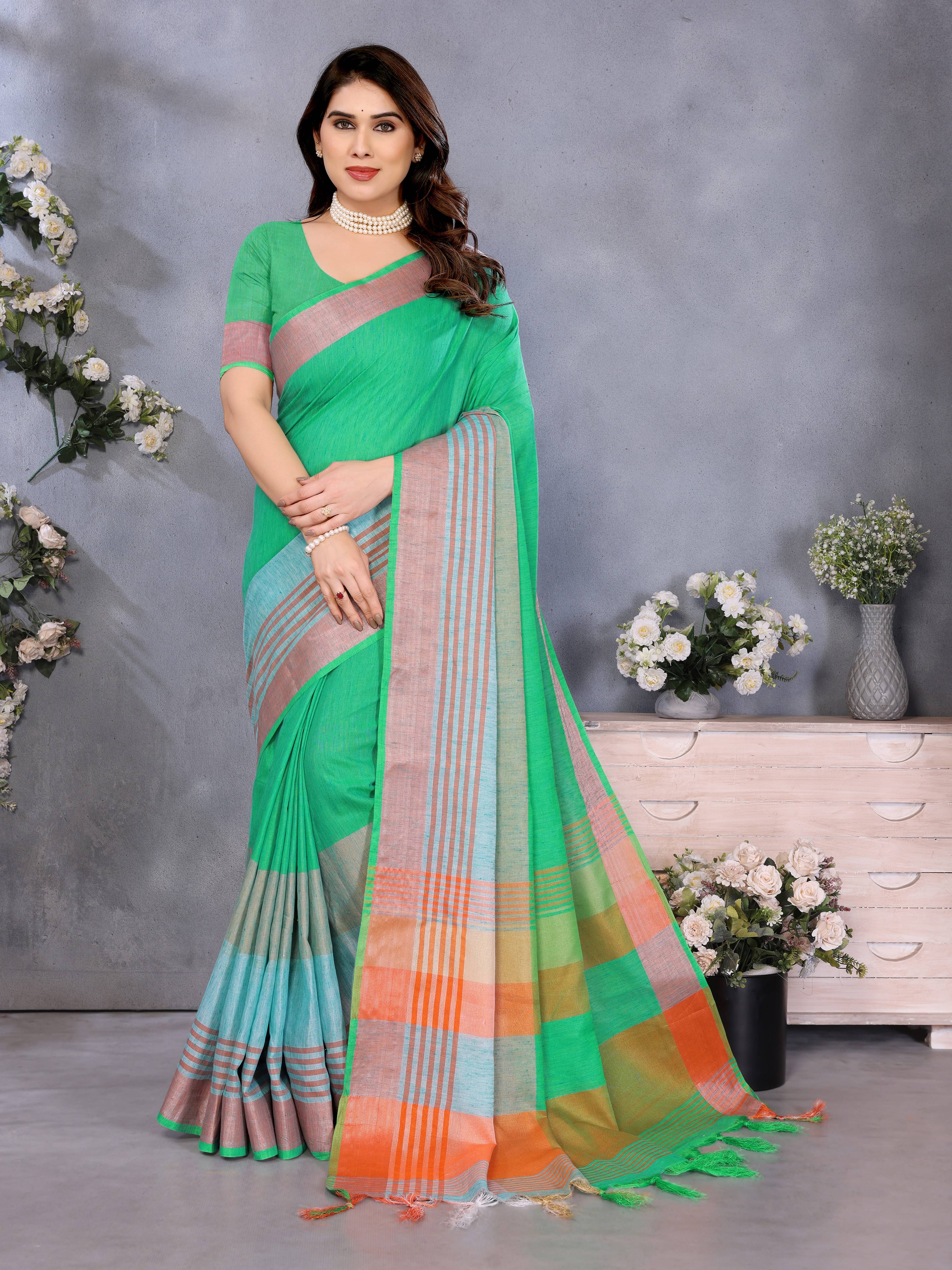     			Sidhidata Cotton Blend Solid Regular Saree With Unstitched Blouse Piece ( Sea Green )