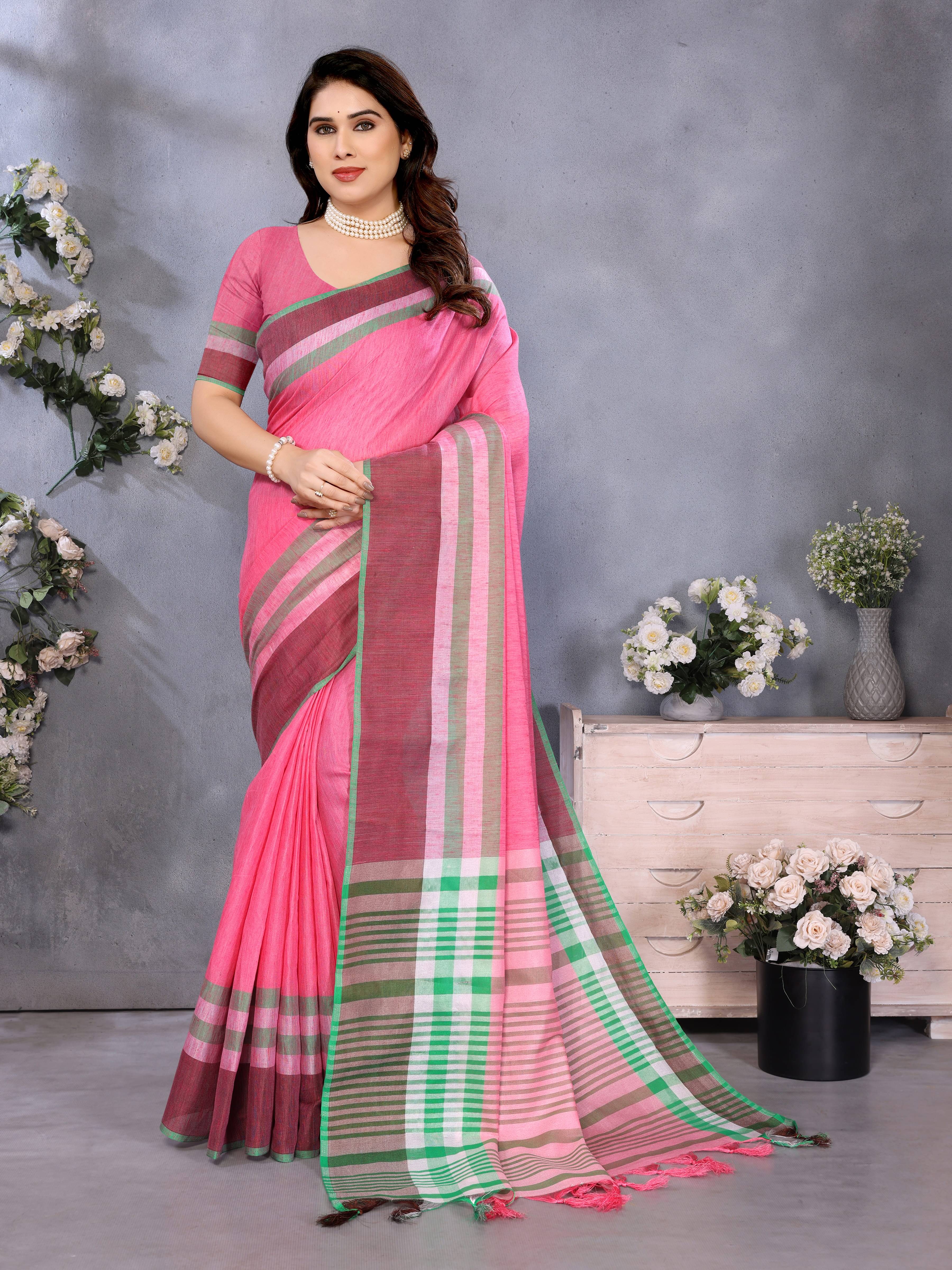     			Sidhidata Cotton Blend Solid Regular Saree With Unstitched Blouse Piece ( Pink )