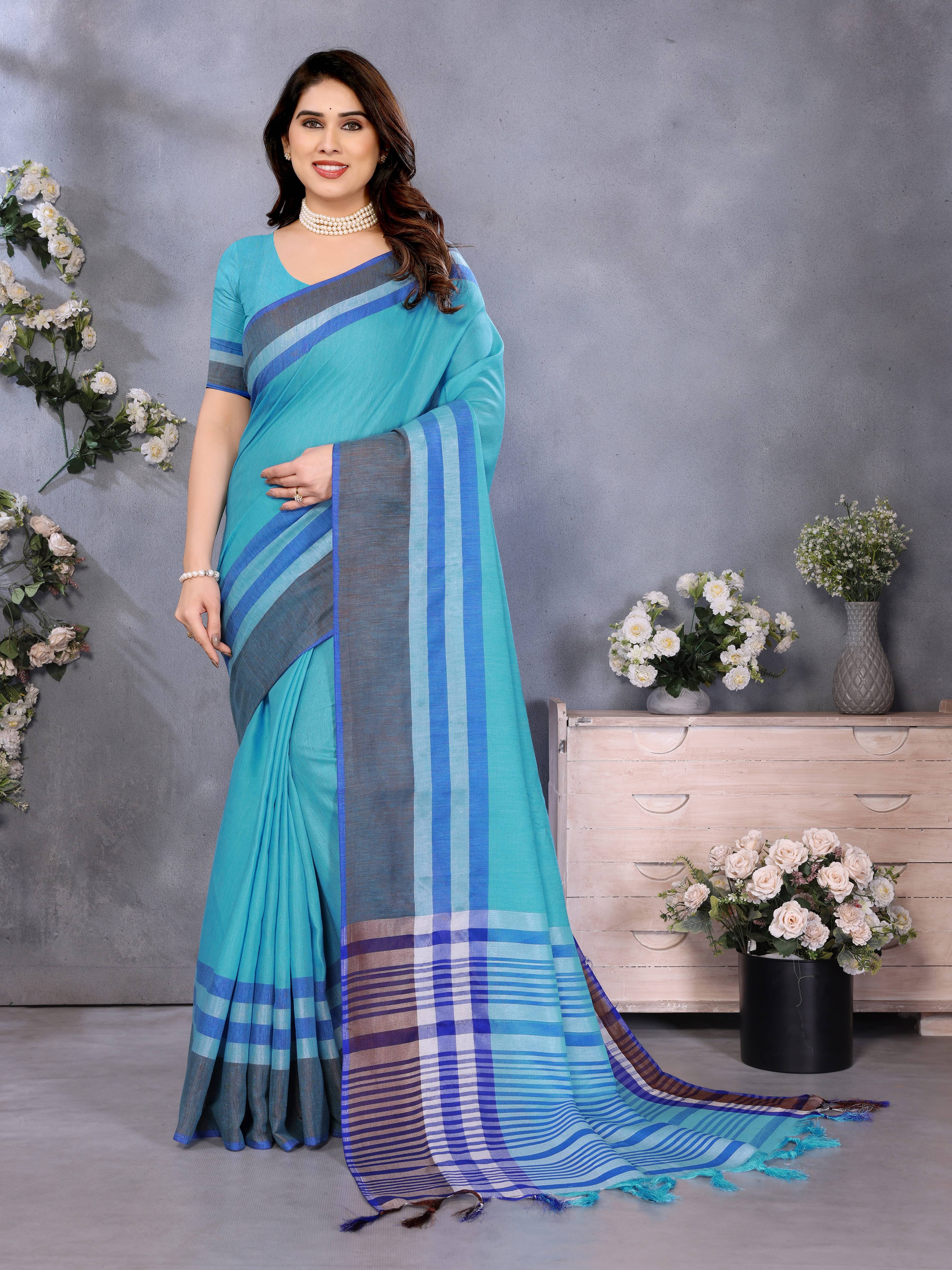Sidhidata Cotton Blend Solid Regular Saree With Unstitched Blouse Piece ( LightBLue )     			Sidhidata Cotton Blend Solid Regular Saree With Unstitched Blouse Piece ( LightBLue )