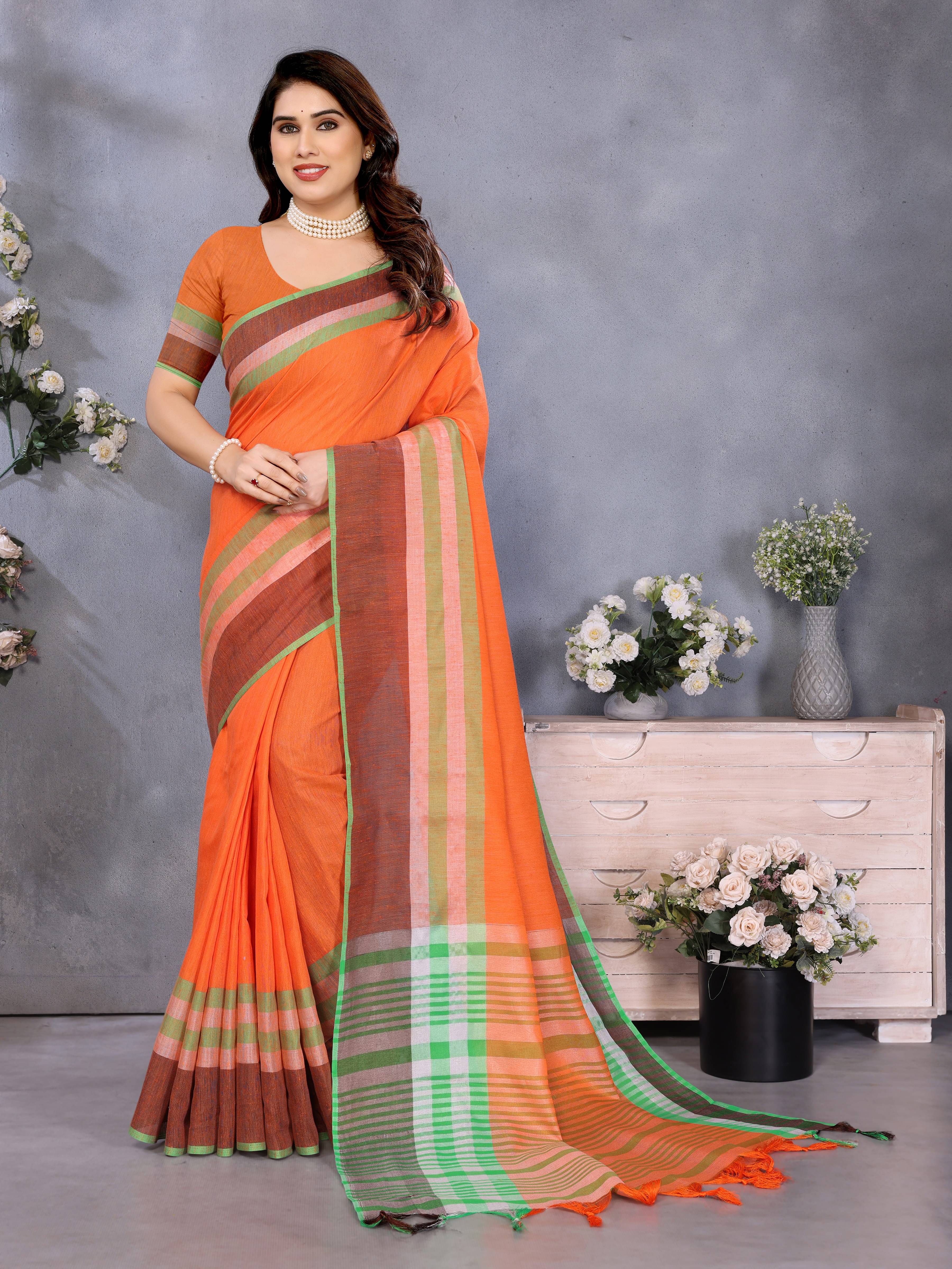     			Sidhidata Cotton Blend Solid Regular Saree With Unstitched Blouse Piece ( Orange )
