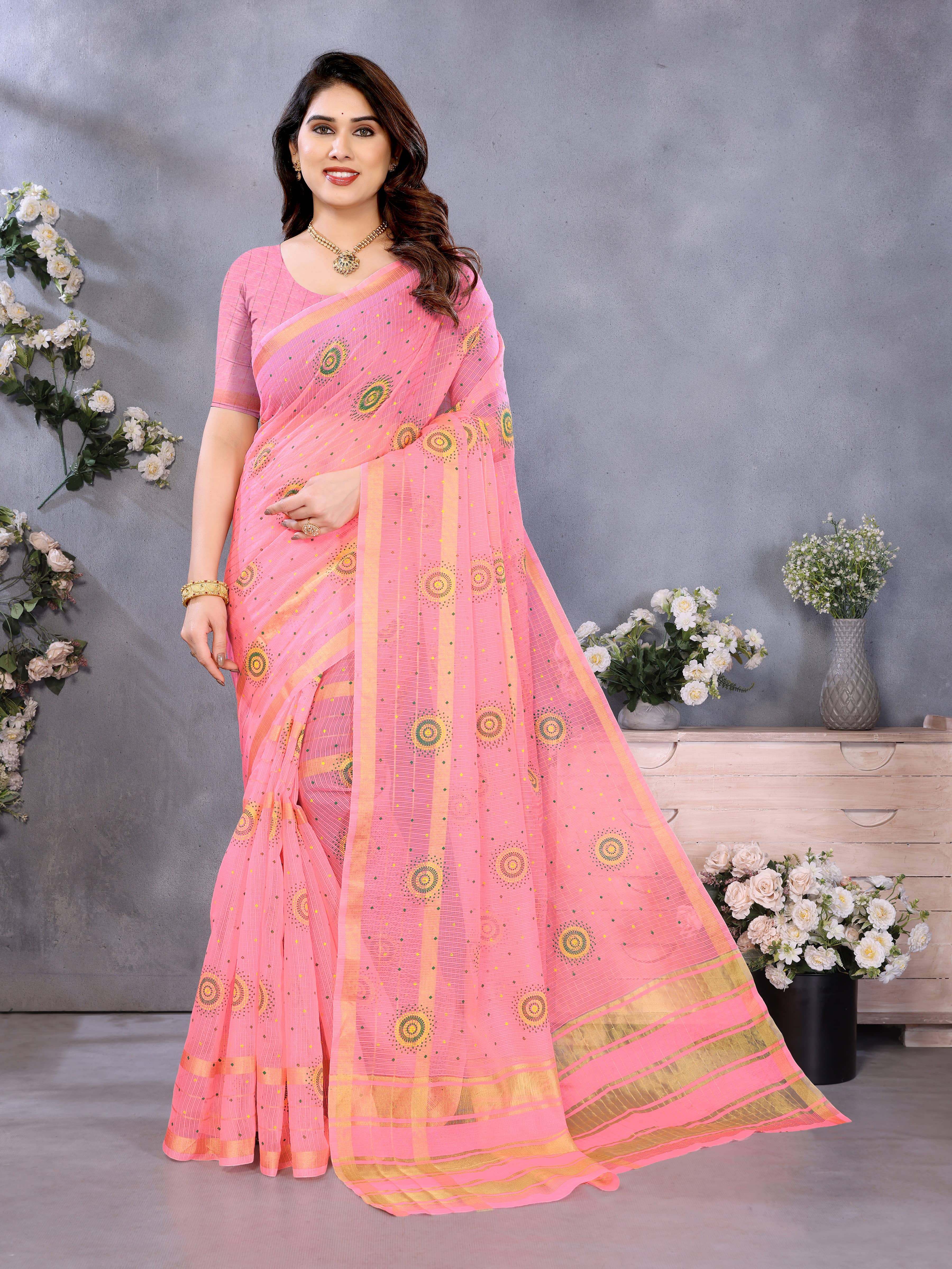 Sidhidata Cotton Printed Kota Doria Saree With Unstitched Blouse Piece ( Pink ) - Sarees | Buy online on ZillyBuy
