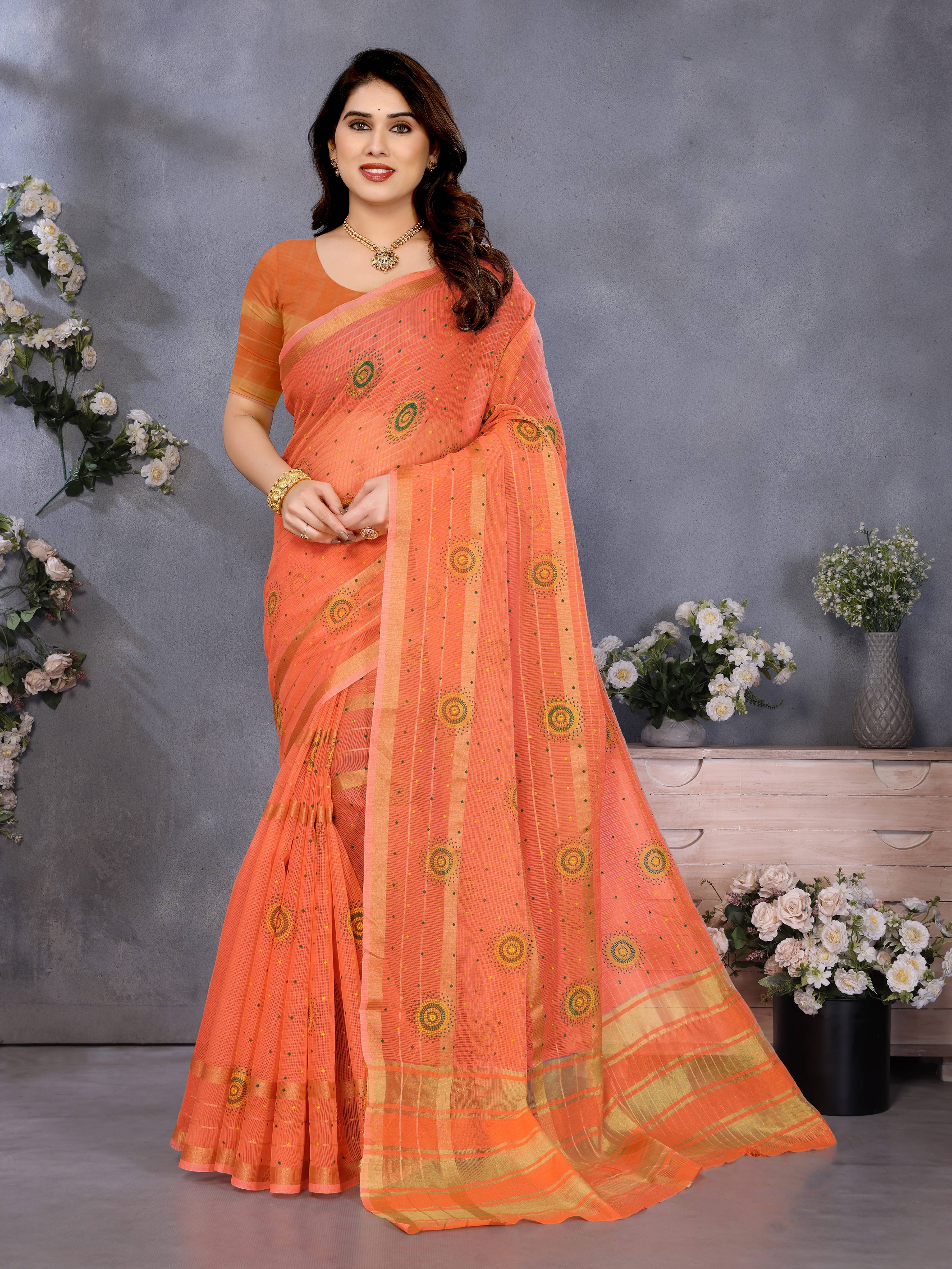 Sidhidata Cotton Printed Kota Doria Saree With Unstitched Blouse Piece ( Orange ) Sidhidata Cotton Printed Kota Doria Saree With Unstitched Blouse Piece ( Orange )