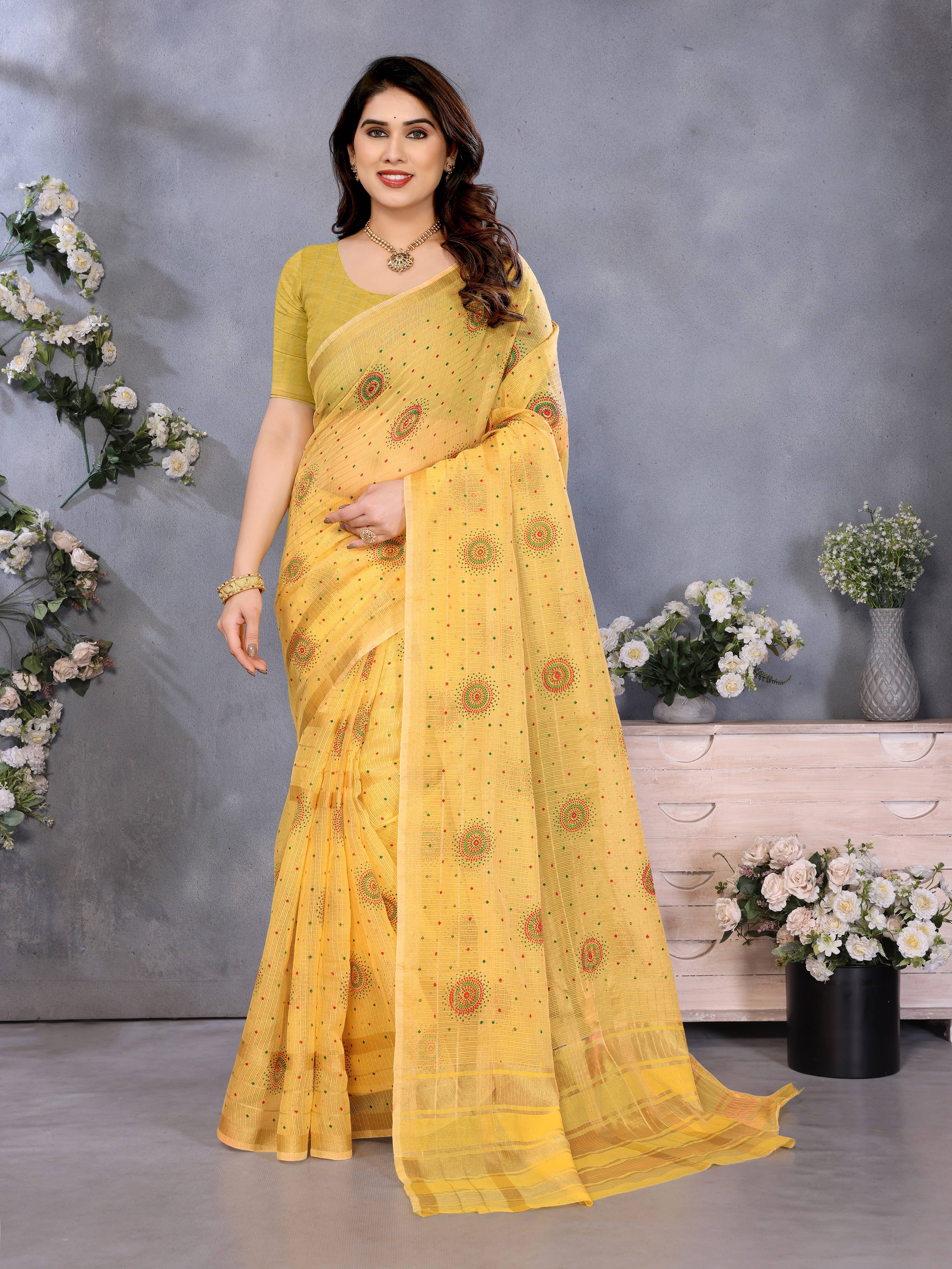 Sidhidata Cotton Printed Kota Doria Saree With Unstitched Blouse Piece ( Yellow )     			Sidhidata Cotton Printed Kota Doria Saree With Unstitched Blouse Piece ( Yellow )