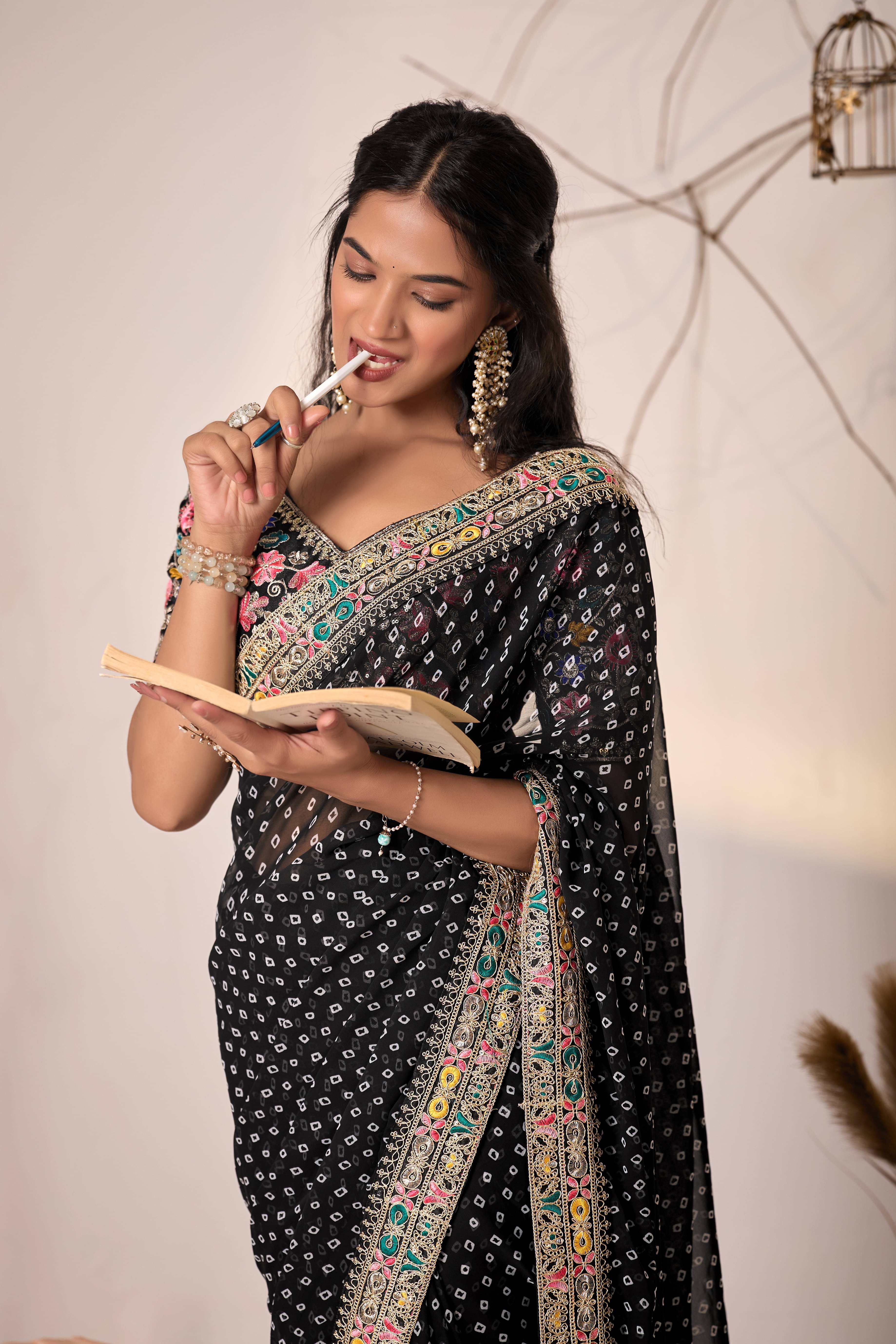 Sidhidata Georgette Printed Bandhani Sarees With Unstitched Blouse Piece ( Black )     			Sidhidata Georgette Printed Bandhani Sarees With Unstitched Blouse Piece ( Black )
