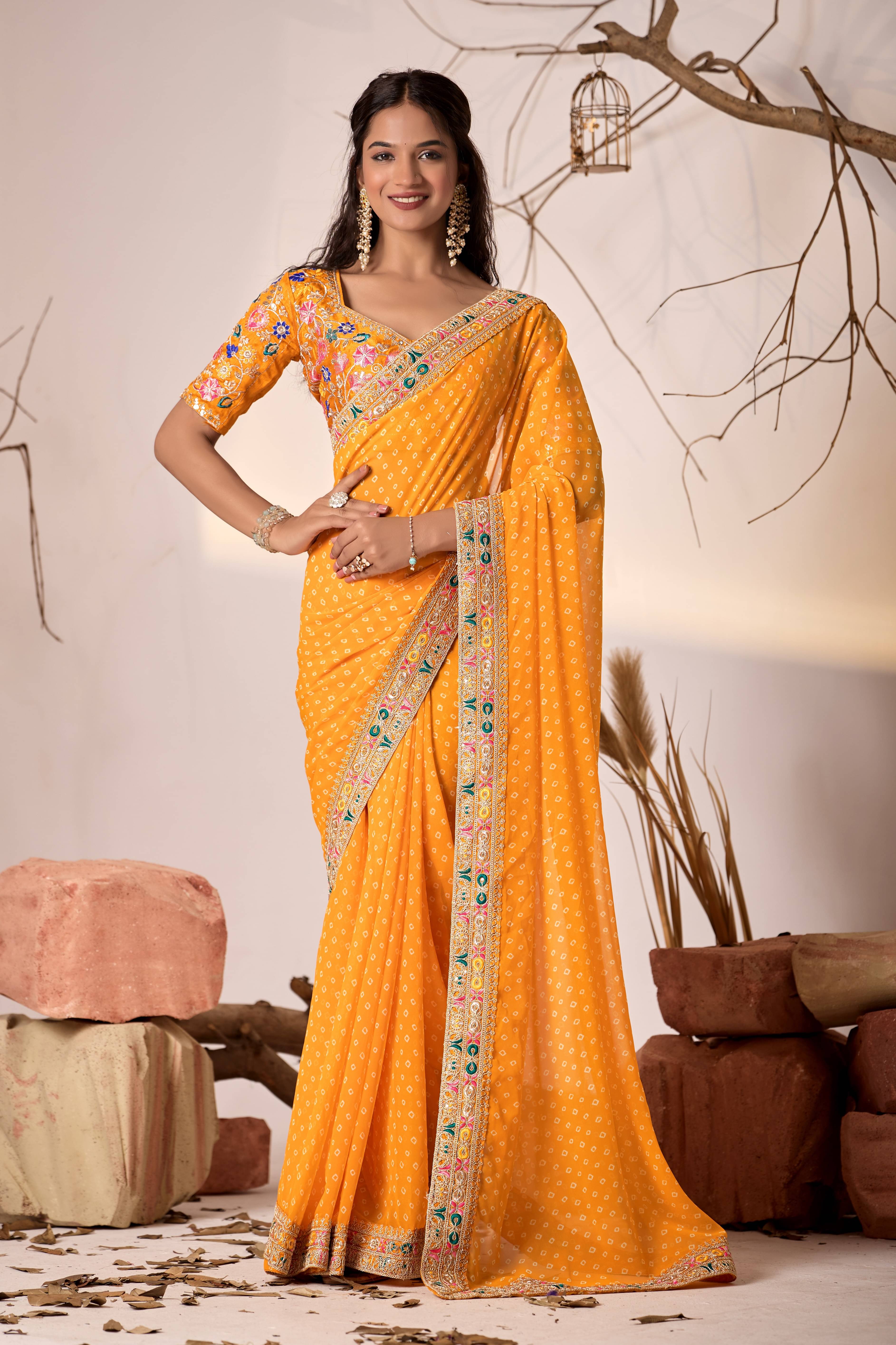     			Sidhidata Georgette Printed Bandhani Sarees With Unstitched Blouse Piece ( Gold )