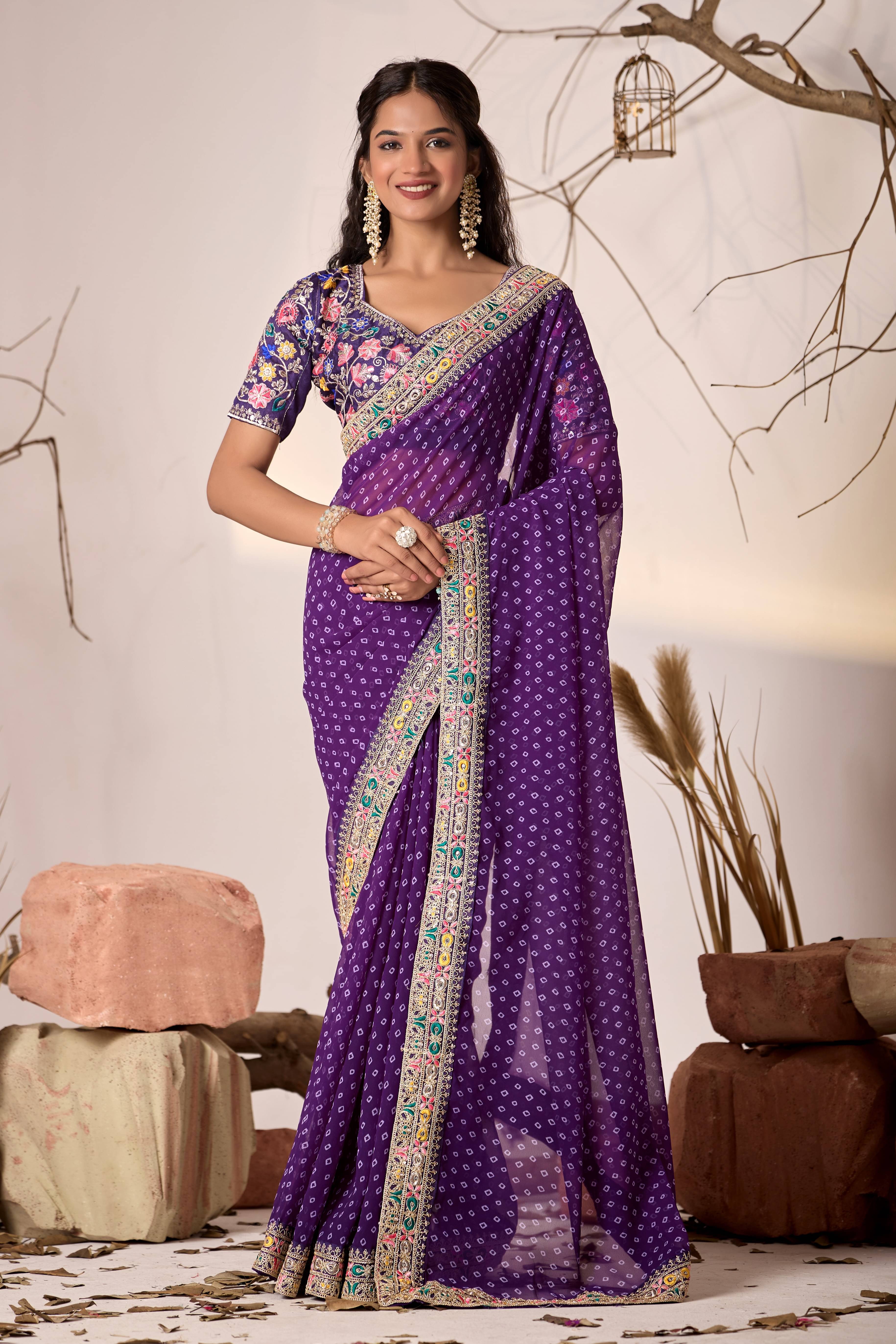 Sidhidata Georgette Printed Bandhani Sarees With Unstitched Blouse Piece ( Purple )     			Sidhidata Georgette Printed Bandhani Sarees With Unstitched Blouse Piece ( Purple )