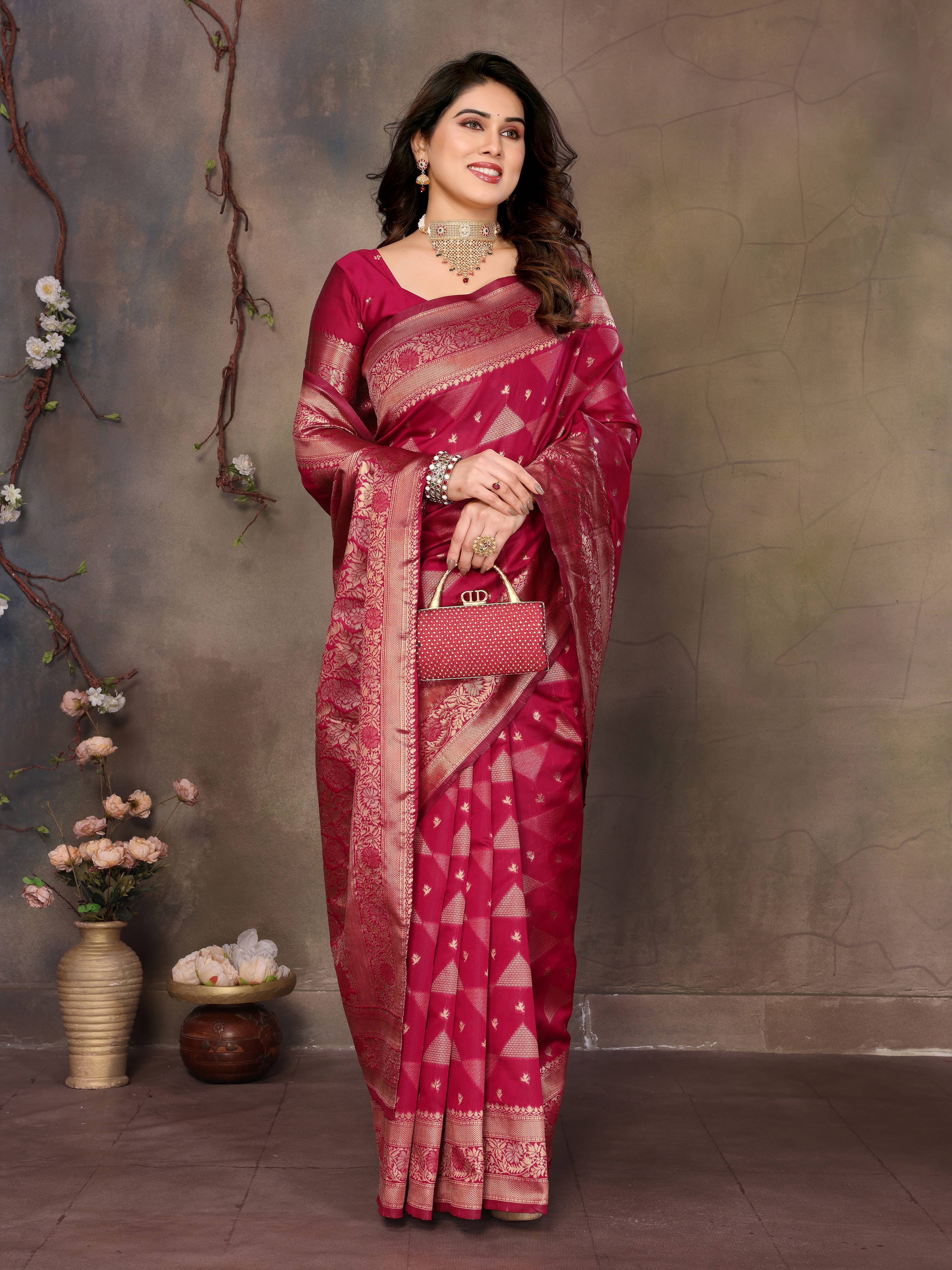     			Sidhidata Jacquard Woven Design Banarasi saree With Unstitched Blouse Piece ( Rani )