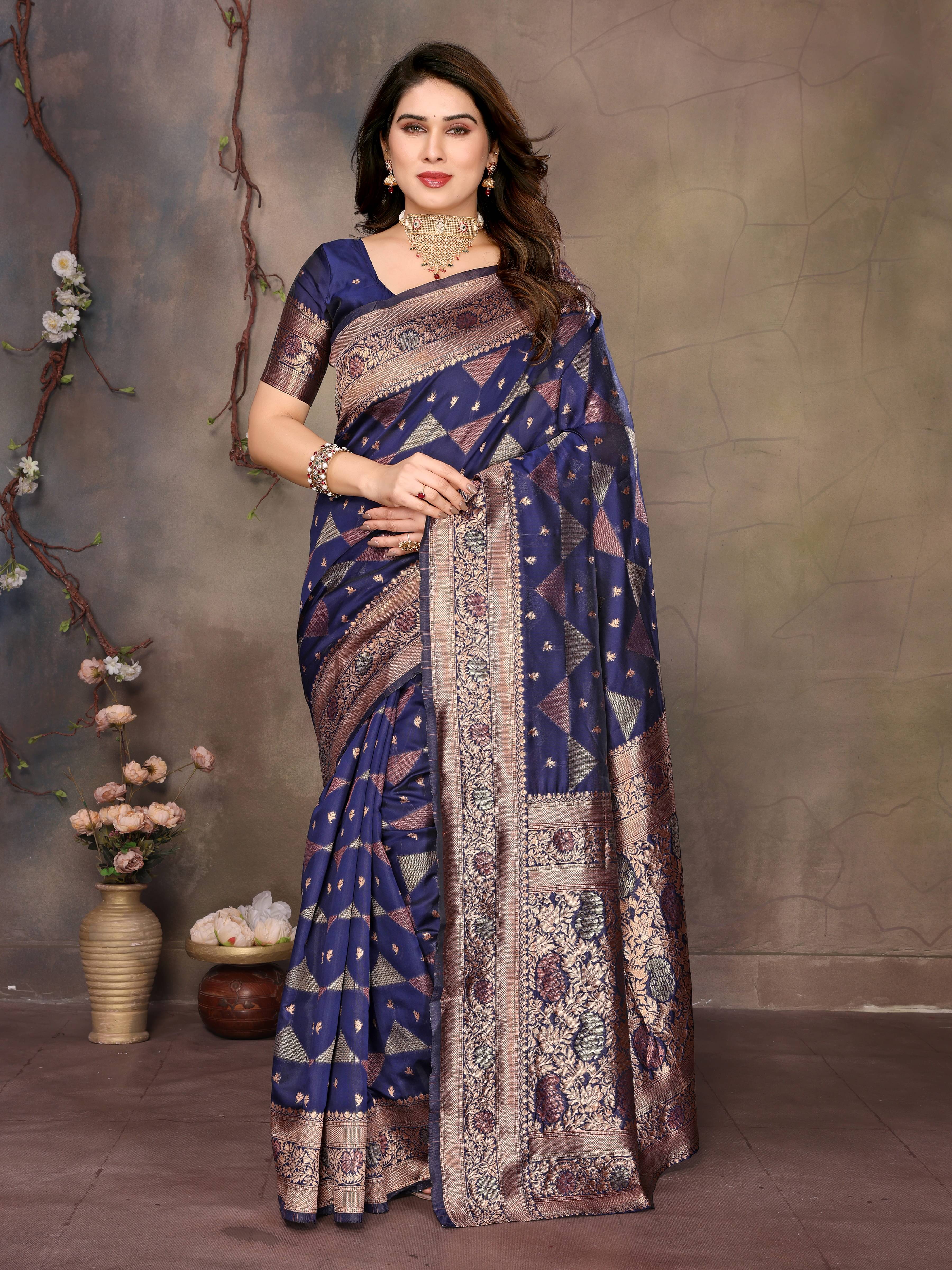     			Sidhidata Jacquard Woven Design Banarasi saree With Unstitched Blouse Piece ( Navy Blue )