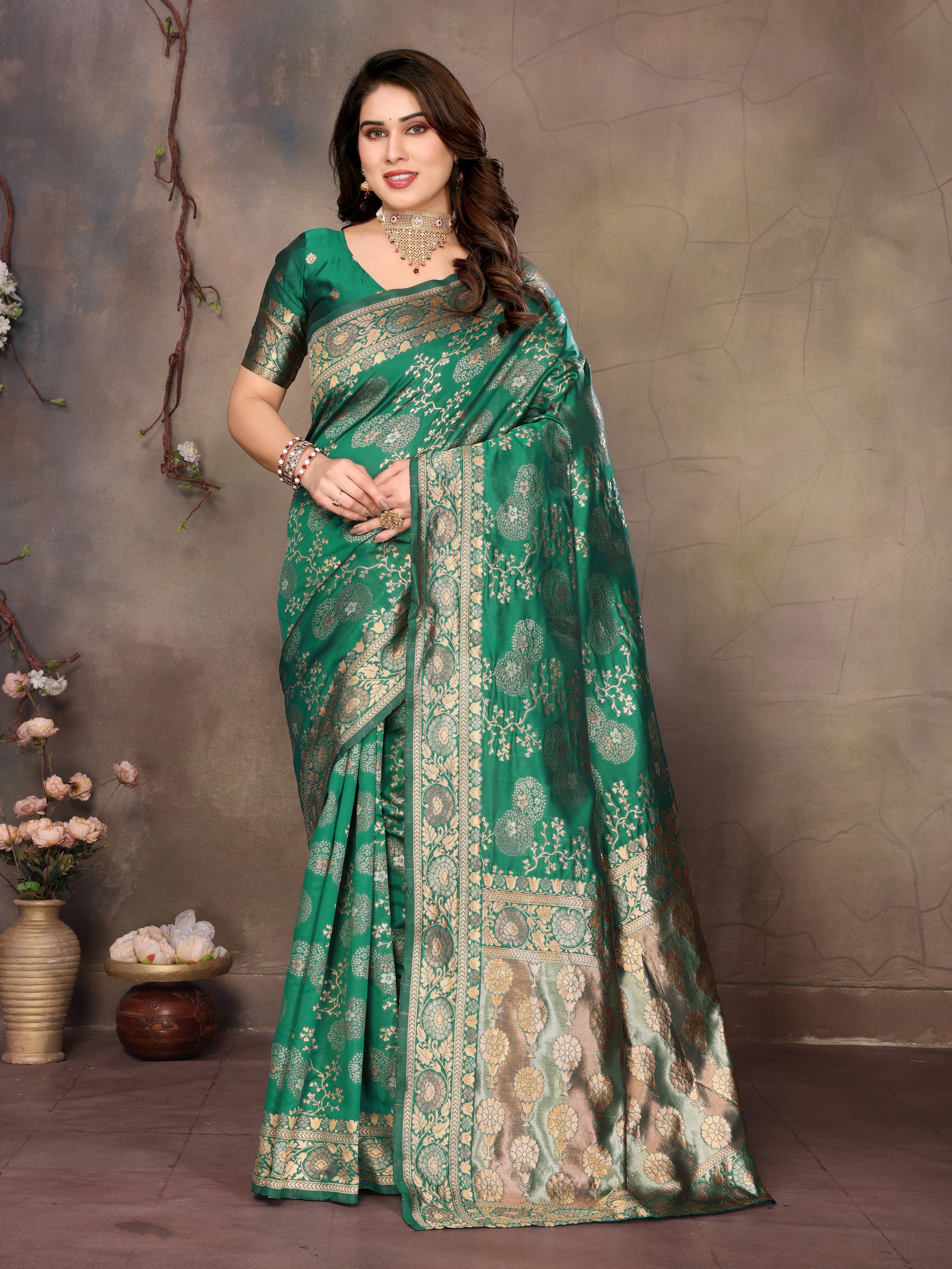     			Sidhidata Jacquard Woven Design Banarasi saree With Unstitched Blouse Piece ( Rama )