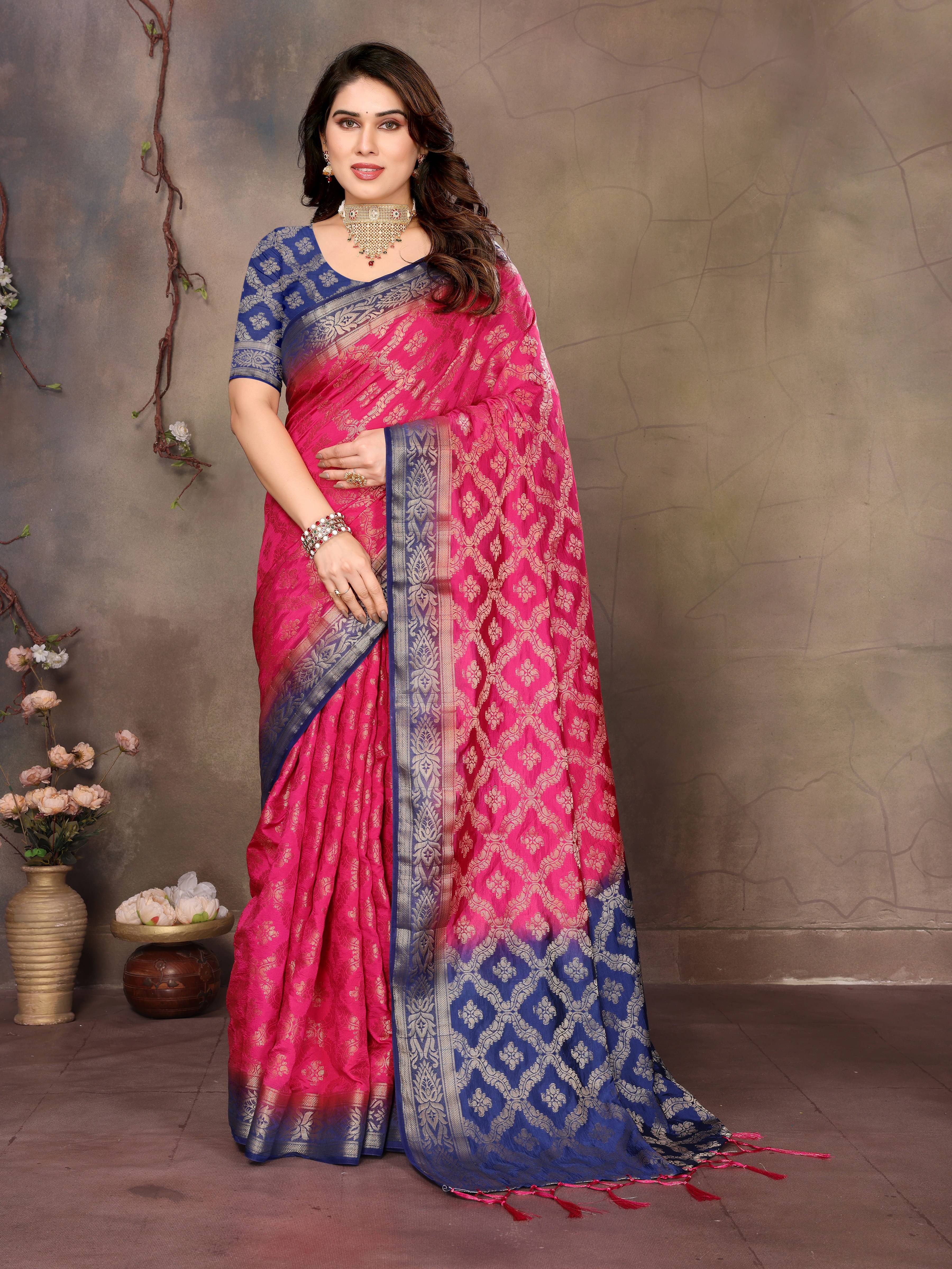     			Sidhidata Silk Dyed Banarasi saree With Unstitched Blouse Piece ( Rani )