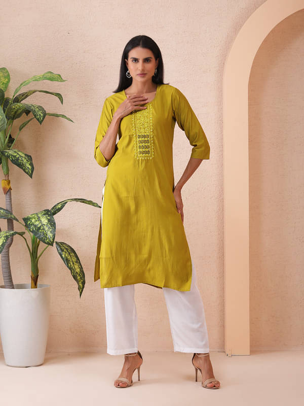     			Sold For Style Women Cotton Embroidered Straight Kurti ( Mustard )