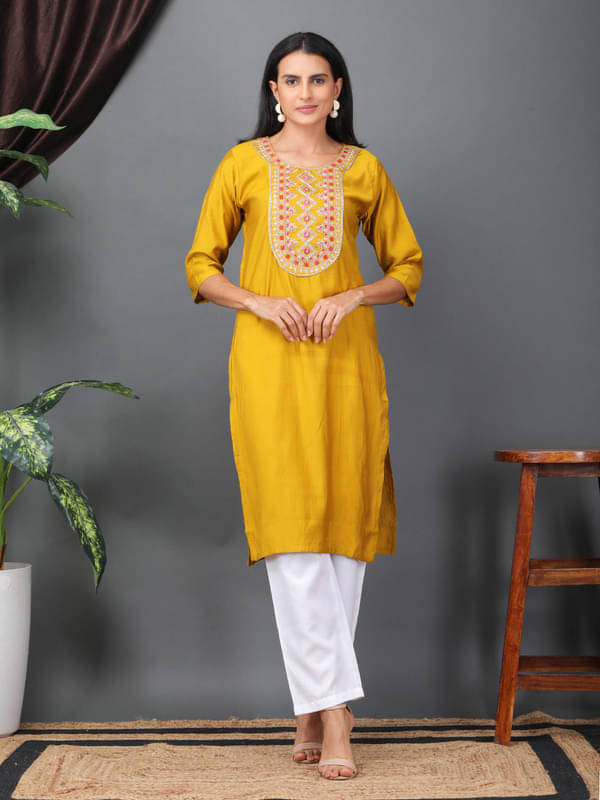     			Sold For Style Women Cotton Embroidered Straight Kurti ( Yellow )