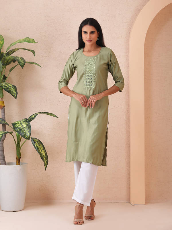     			Sold For Style Women Cotton Embroidered Straight Kurti ( Green )