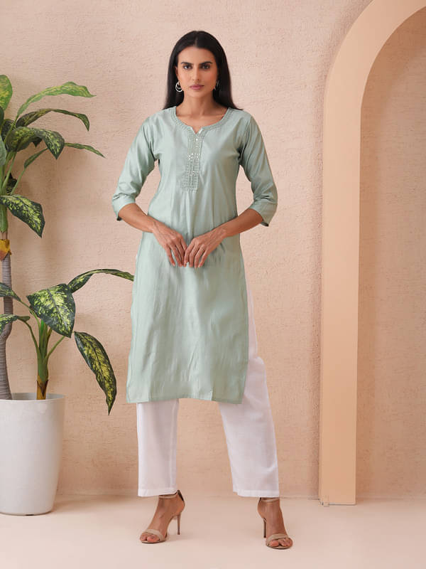     			Sold For Style Women Cotton Embroidered Straight Kurti ( Green )