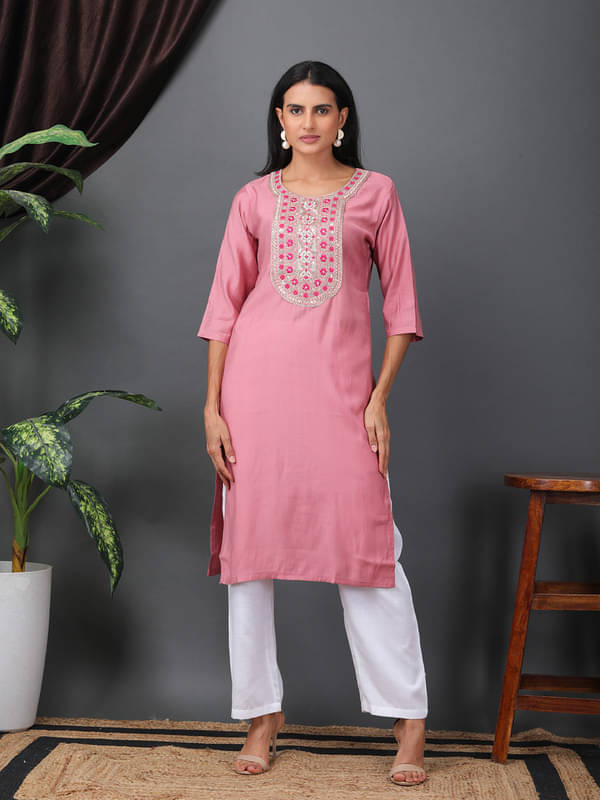     			Sold For Style Women Cotton Embroidered Straight Kurti ( Pink )