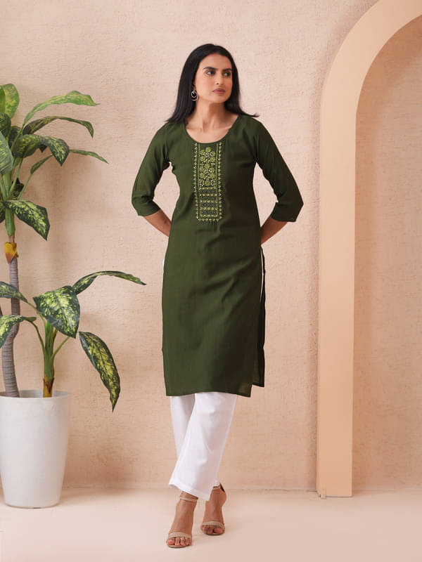     			Sold For Style Women Cotton Embroidered Straight Kurti ( Green )