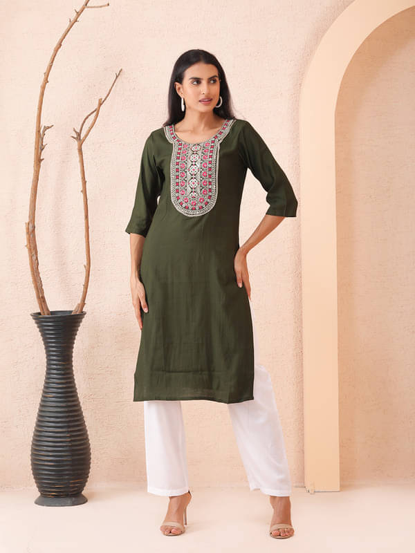     			Sold For Style Women Cotton Embroidered Straight Kurti ( Green )