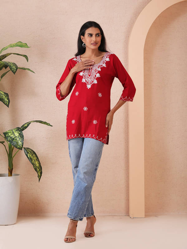     			Sold For Style Women Cotton Embroidered Straight Kurti ( Red )