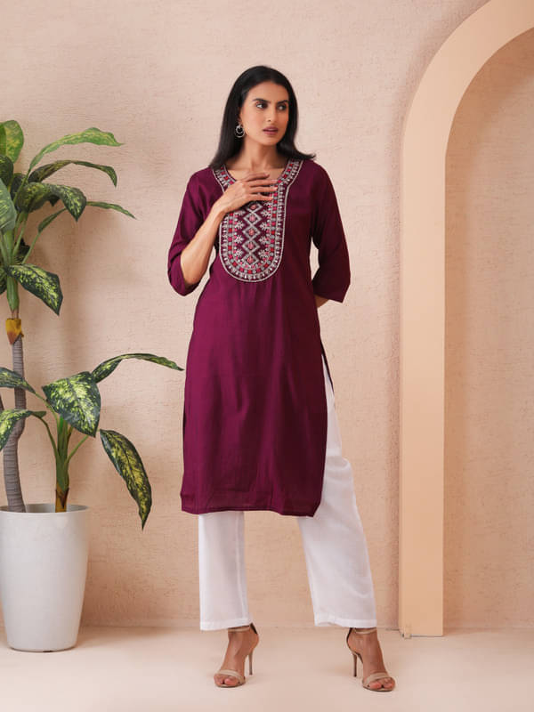     			Sold For Style Women Cotton Embroidered Straight Kurti ( Wine )