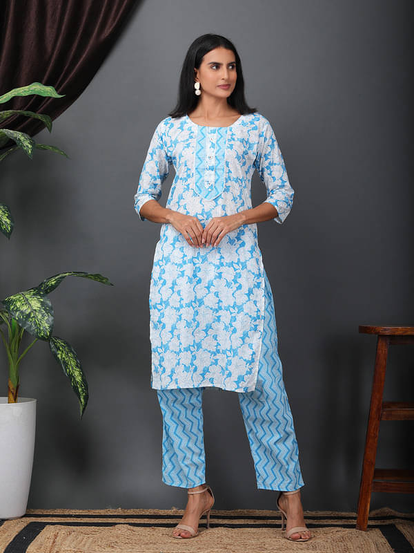     			Sold For Style Women Cotton Printed Straight Kurti With Pants ( Blue )