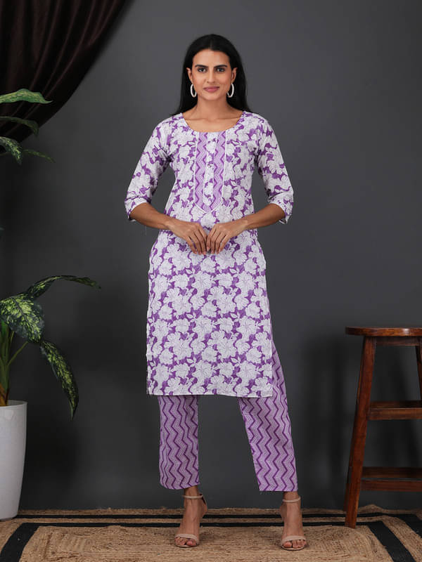     			Sold For Style Women Cotton Printed Straight Kurti With Pants ( Purple )