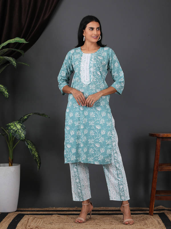     			Sold For Style Women Cotton Printed Straight Kurti With Pants ( Blue )