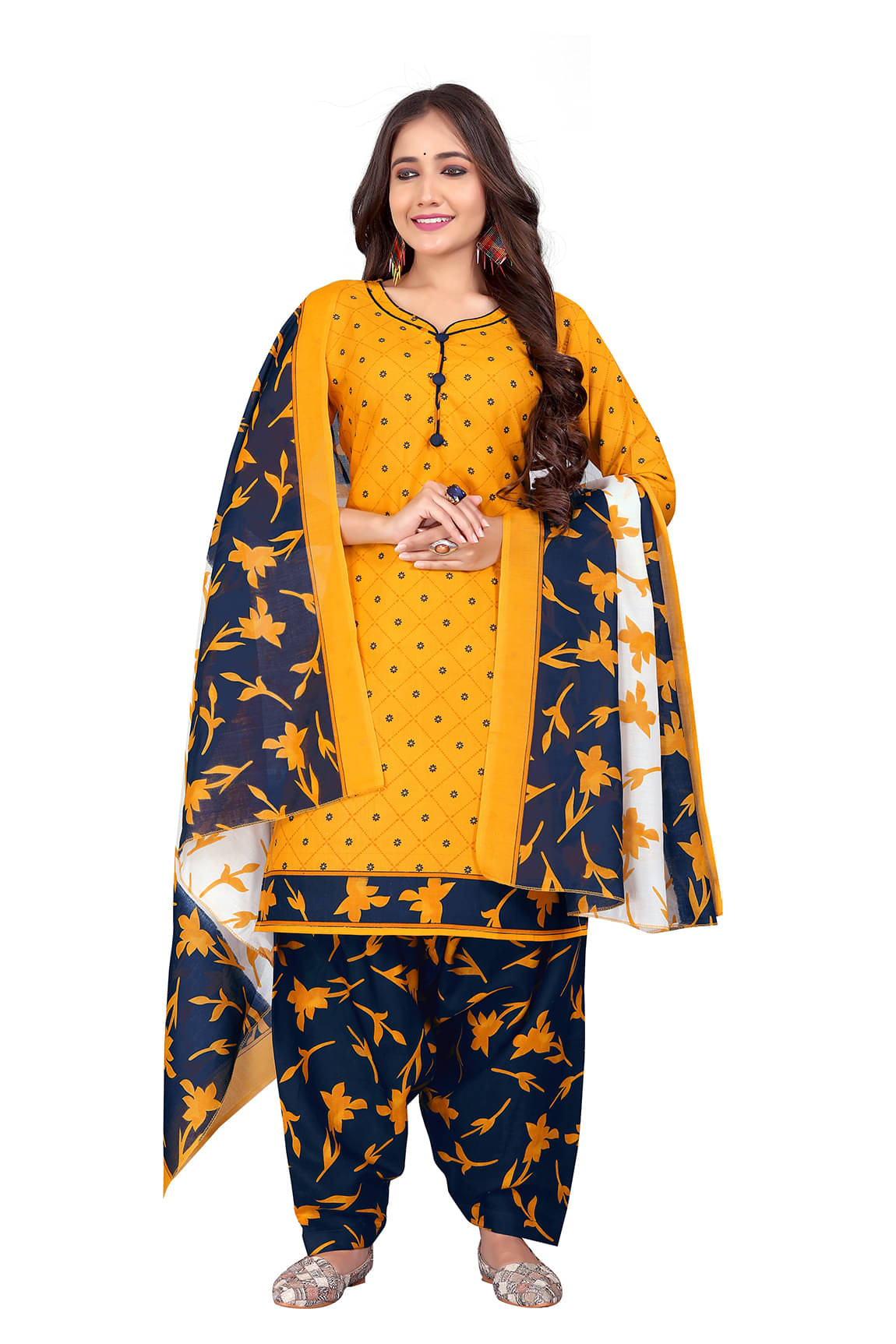 VihaanExim Women Cotton Blend Printed Straight Kurti With Patiala Salwar ( Mustard )     			VihaanExim Women Cotton Blend Printed Straight Kurti With Patiala Salwar ( Mustard )