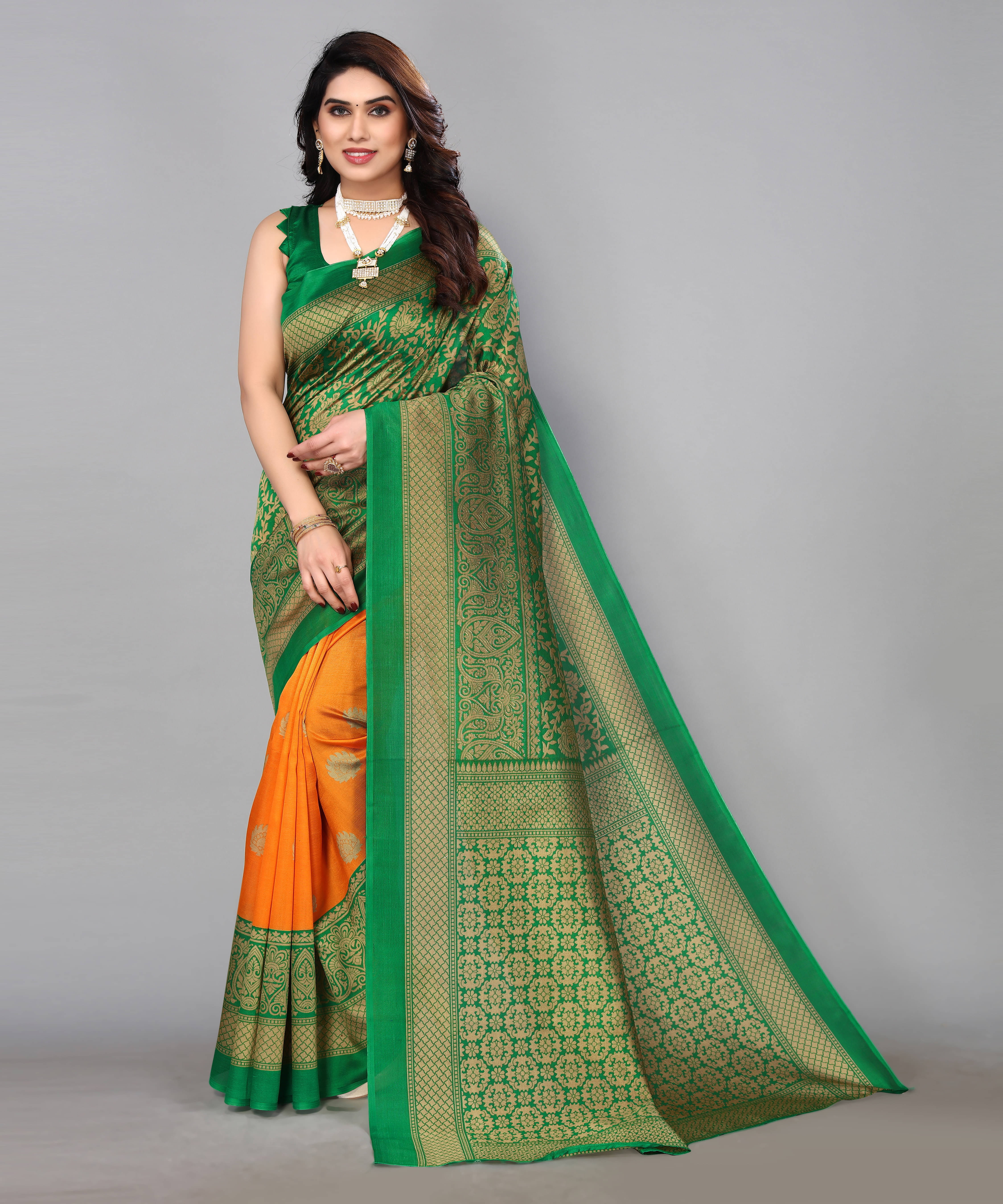 Yashika Art Silk Printed Banarasi saree With Unstitched Blouse Piece ( Orange )     			Yashika Art Silk Printed Banarasi saree With Unstitched Blouse Piece ( Orange )