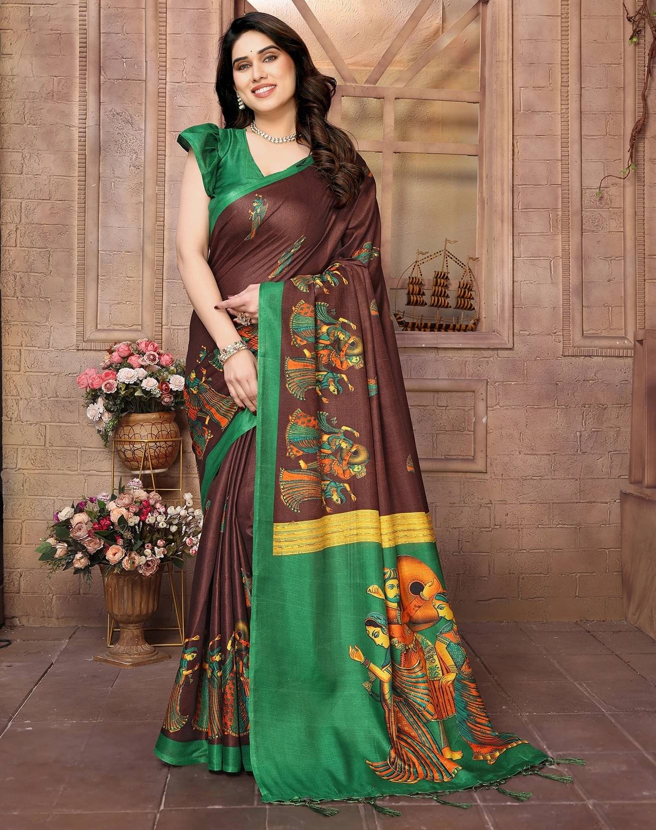     			Yashika Art Silk Printed Banarasi saree With Unstitched Blouse Piece ( Brown )