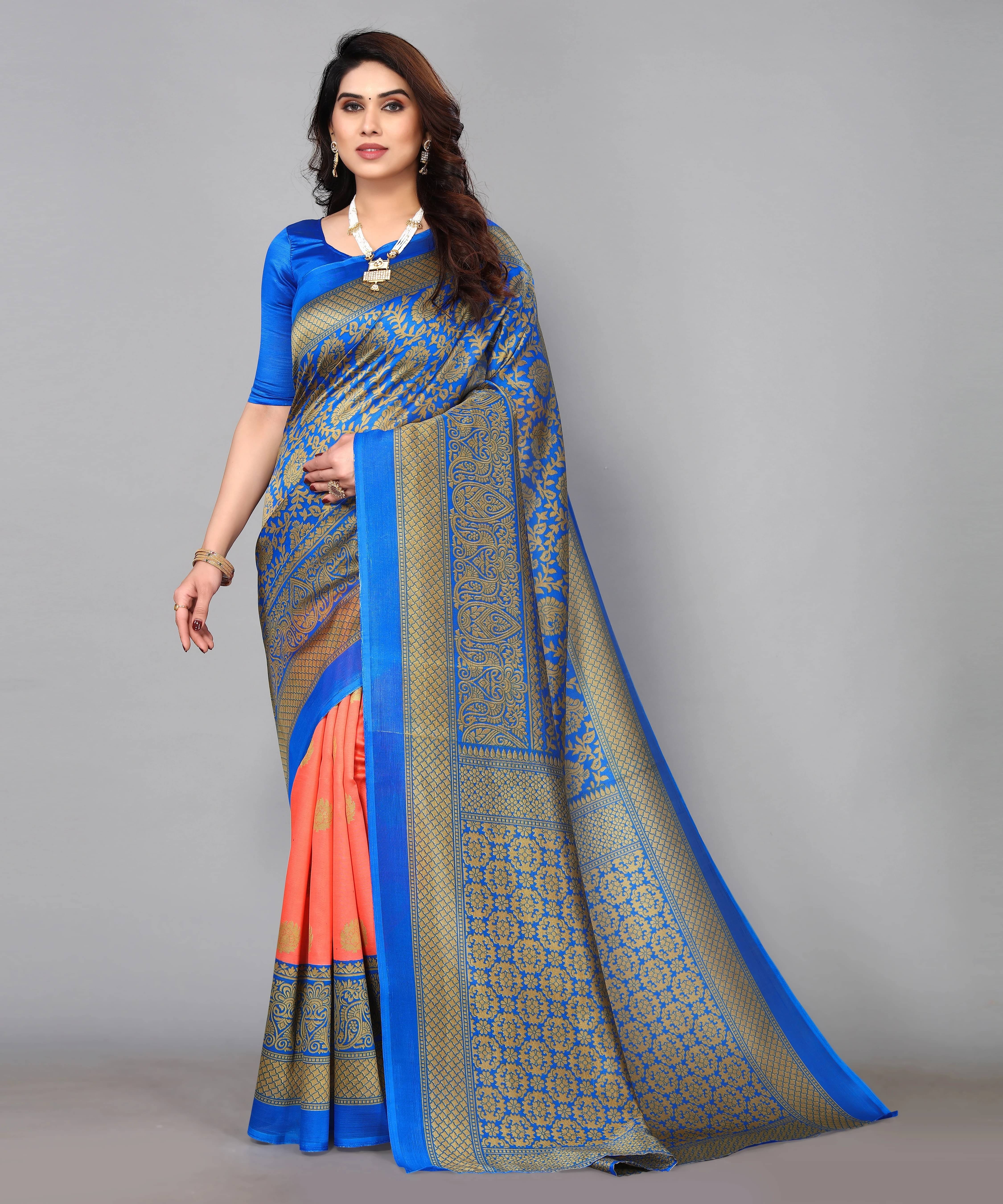     			Yashika Art Silk Printed Banarasi saree With Unstitched Blouse Piece ( Orange )